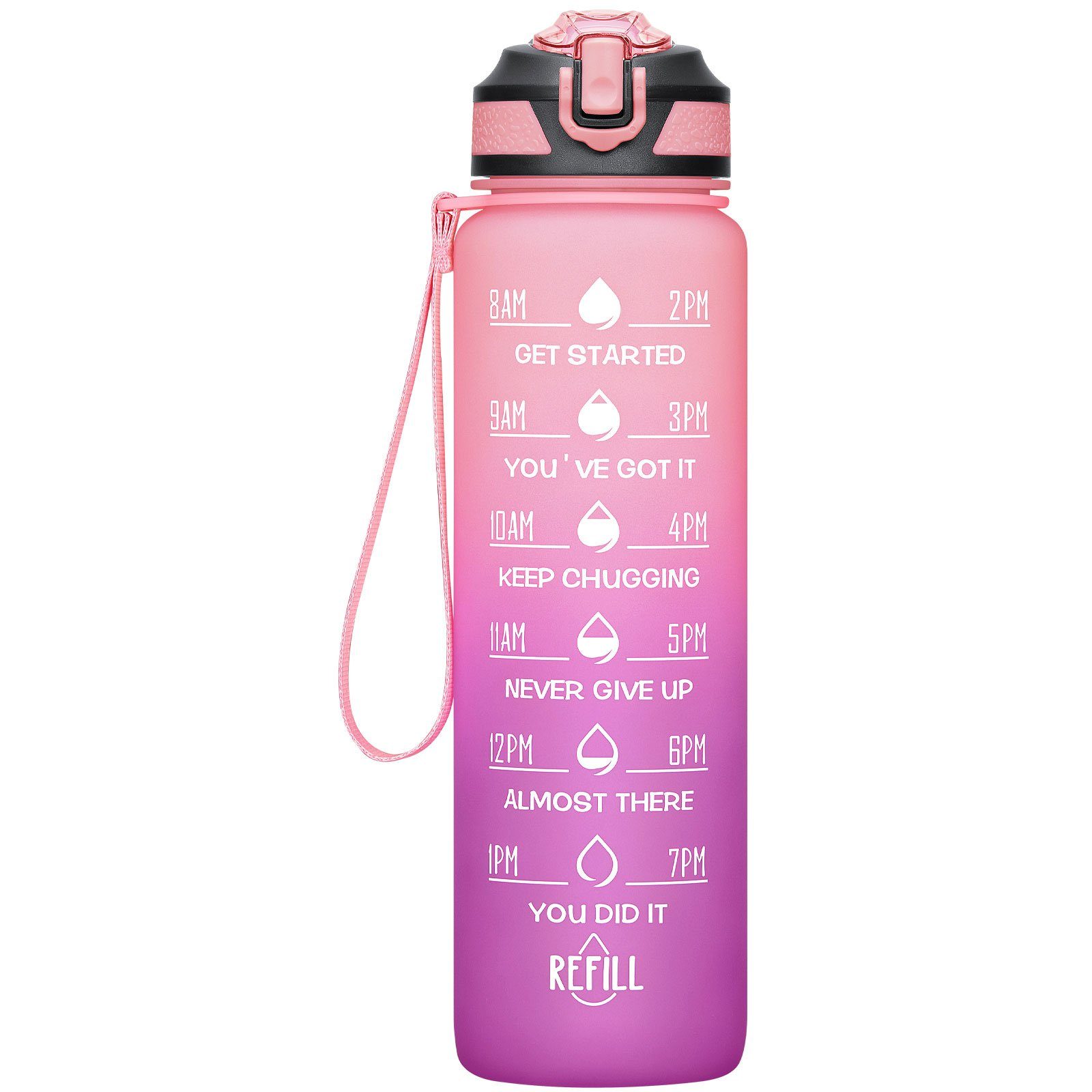 WISHDOR Trinkflasche Sport Wasserflasche Sportflasche Auslaufsicher 1 Liter BPA-Frei 1L, Zeitmarkierung und Strohhalm Fitness Outdoor Camping Fahrrad Wandern Pink/Helllila