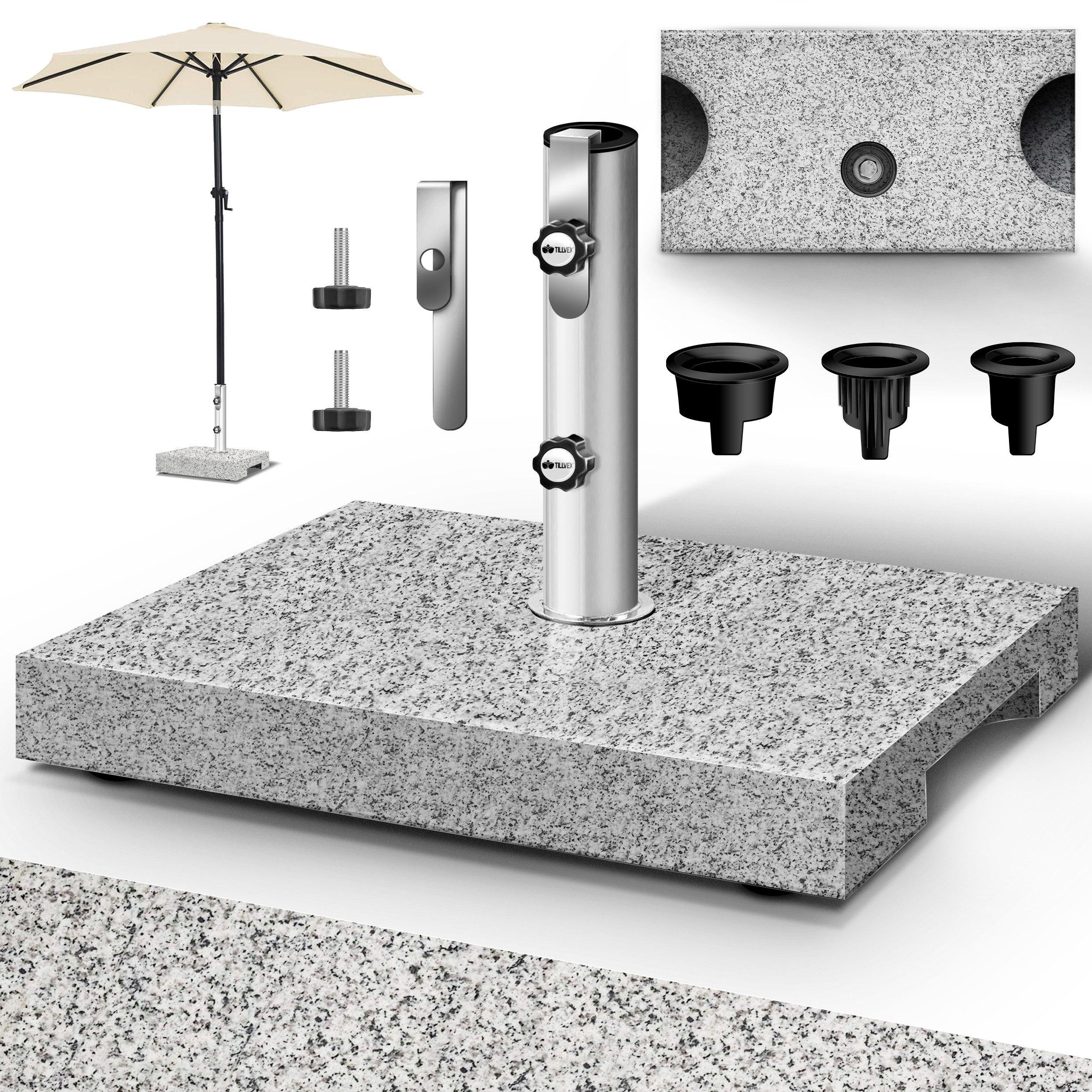 tillvex Sonnenschirm tillvex Granit Sonnenschirmständer, Balkonschirmständer für Schirmstöcke 16-48 mm & 300cm Schirmdurchmesser, Sonnenschirm, Granit Sonnenschirmständer