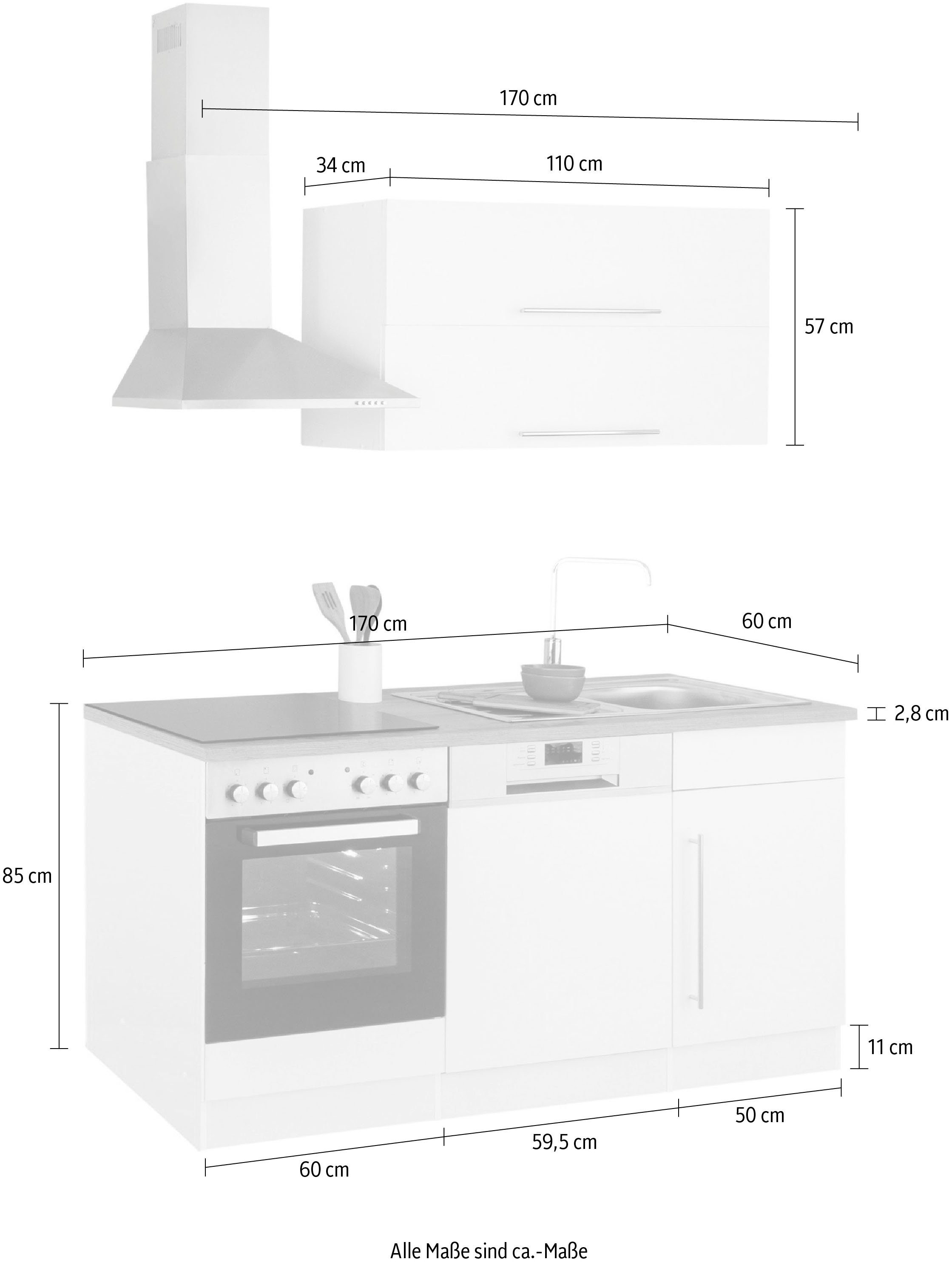 HELD MÖBEL mit Breite 170 Samos, | weiß/wotaneichefarben weiß E-Geräten, cm Küchenzeile