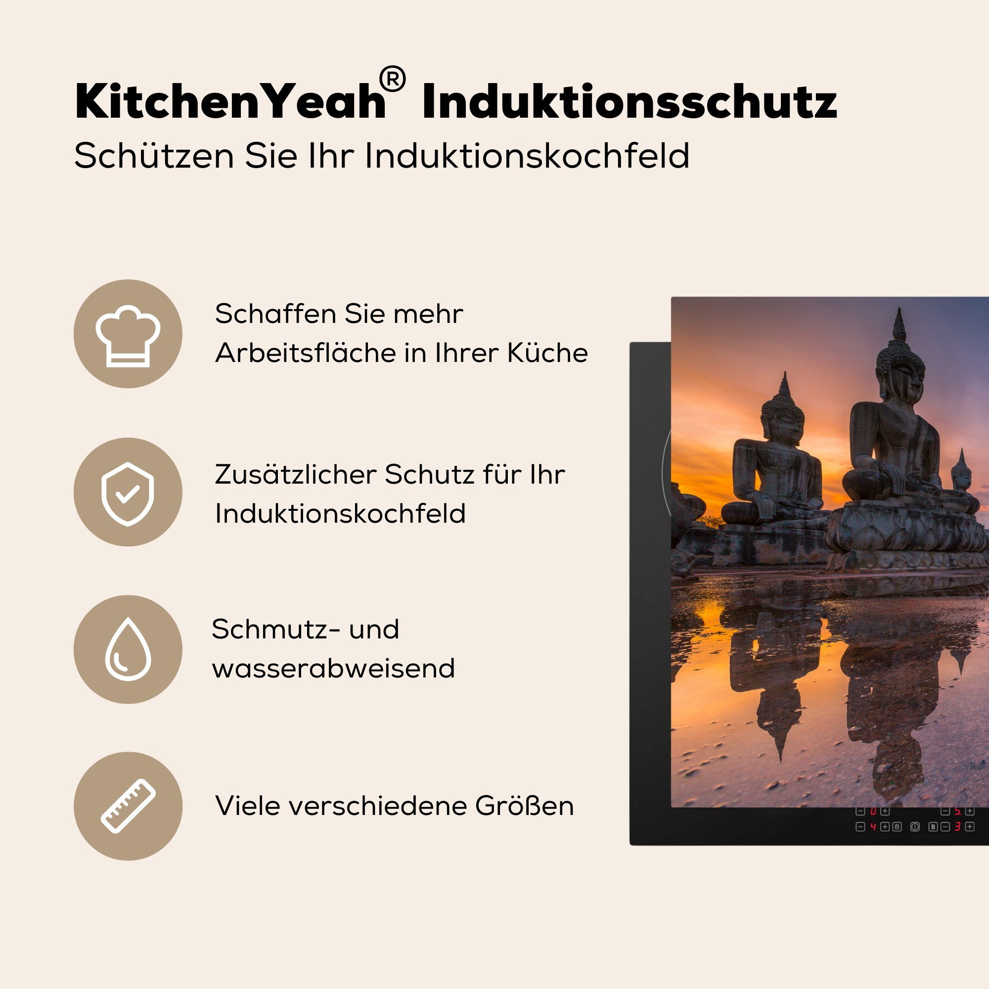 Induktionskochfeld Herdblende-/Abdeckplatte Ceranfeldabdeckung Vinyl, Buddha-Statuen, küche, für Schutz tlg), MuchoWow cm, 81x52 die (1