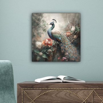 OneMillionCanvasses® Leinwandbild Pfau - Pfauenfedern - Vogel - Dschungel - Blumen, (1 St), Wandbild, Deko Schlafzimmer Wohnzimmer 20x20 cm