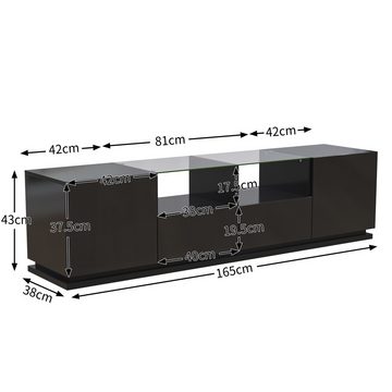 Ulife TV-Schrank Hochglanz Lowboard mit Glasböden, zwei Schubladen und zwei Türen mit mehrfarbigen LED-Lichteffekten, 165*38*43cm