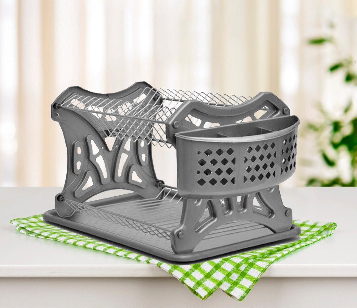 DanDiBo Geräteständer Abtropfgestell Geschirr 2 Etagen Abtropfständer 72424 Abtropfkorb, Abtropfschale Tellertrockner mit Untersetzer und Besteckkorb