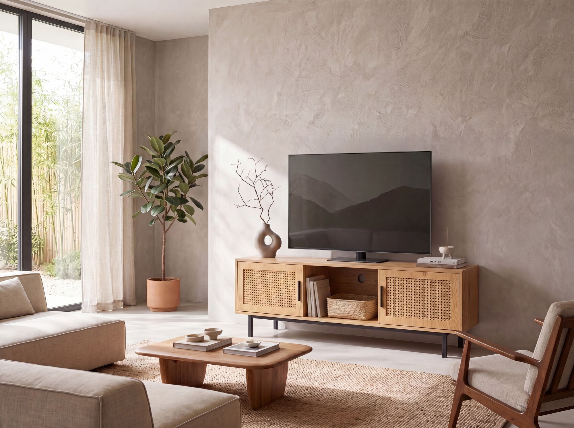 FineBuy Lowboard Eiche-Dekor mit Wiener Geflecht 120x45,5x40 cm TV-Kommode Zeitlos mit Schiebe-Türen, Design TV-Schrank Hoch, Fernsehtisch Fernsehschrank, Ferns – Bild 4 von 5