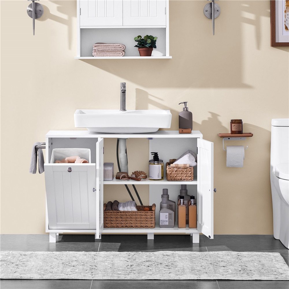 Yaheetech Waschbeckenunterschrank Badunterschrank mit 3 Türen und Verstellbarem Einlegeboden 90 cm L × 30 cm B × 62,5 cm H Unterschrank mit Integriertem Wäschekorb