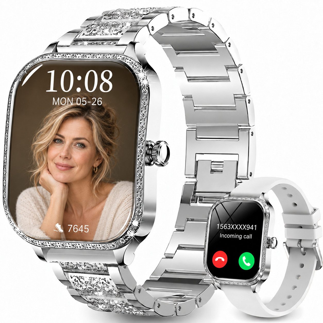 Fyrove Fitnessuhr Damen, Sportuhr, Aktivitätstracker Smartwatch (4,45 cm), Bluetooth-Armbanduhr mit Telefonfunktion, Damen Uhr für Fitness, 2 Armbänder, personalisierbare Zifferblätter und Telefonfunktion