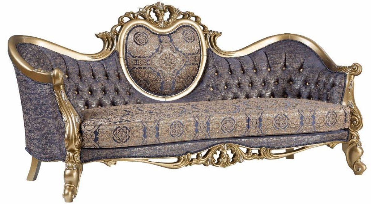 Casa Padrino Sofa Luxus Barock Sofa Blau / Gold / Silber 235 x 88 x H. 117 cm - Prunkvolles Wohnzimmer Sofa im Barockstil - Barock Möbel