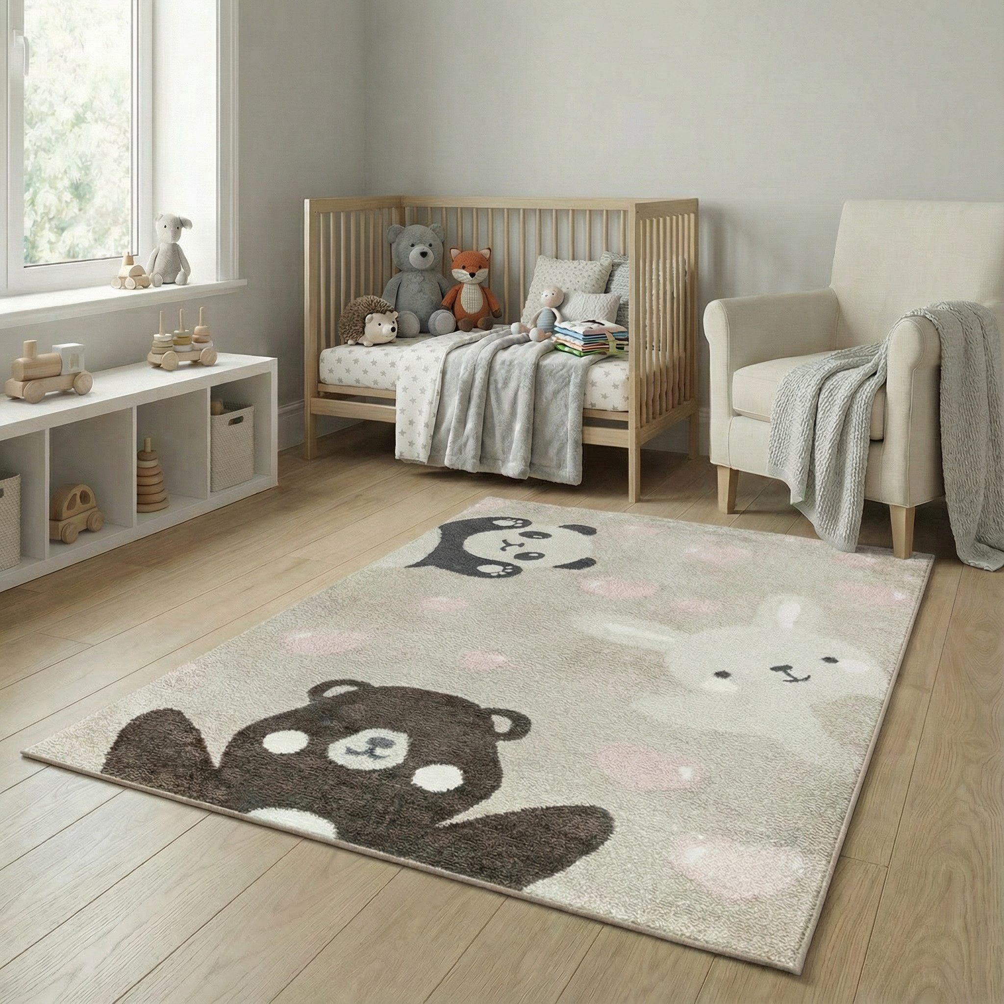 Jimri Kinderteppich Happy Friends Teppich für Kinderzimmer, Kinderteppich Bär Hase Panda, Läufer