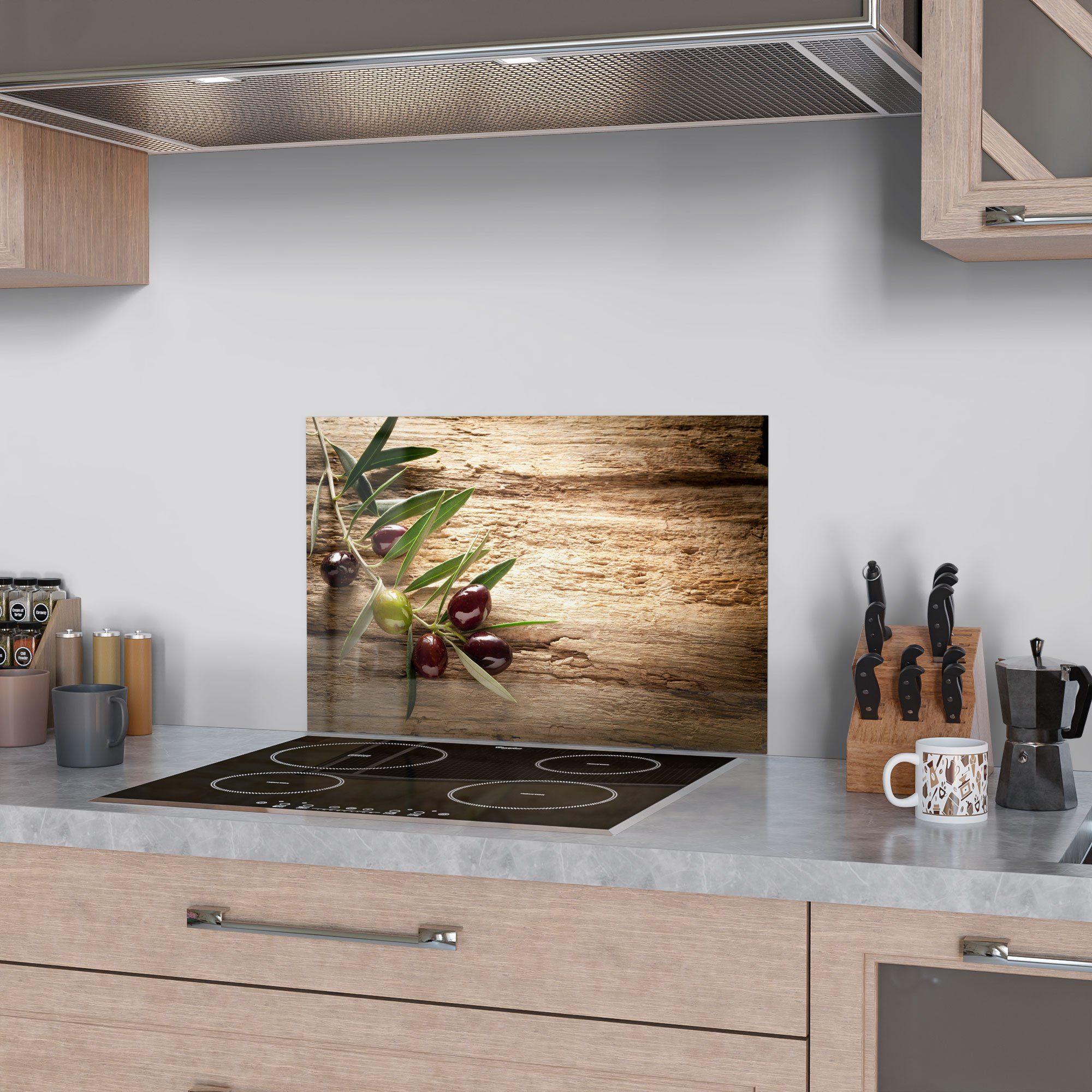 DEQORI Küchenrückwand 'Dekorativer Olivenzweig', Glas Spritzschutz Badrückw günstig online kaufen
