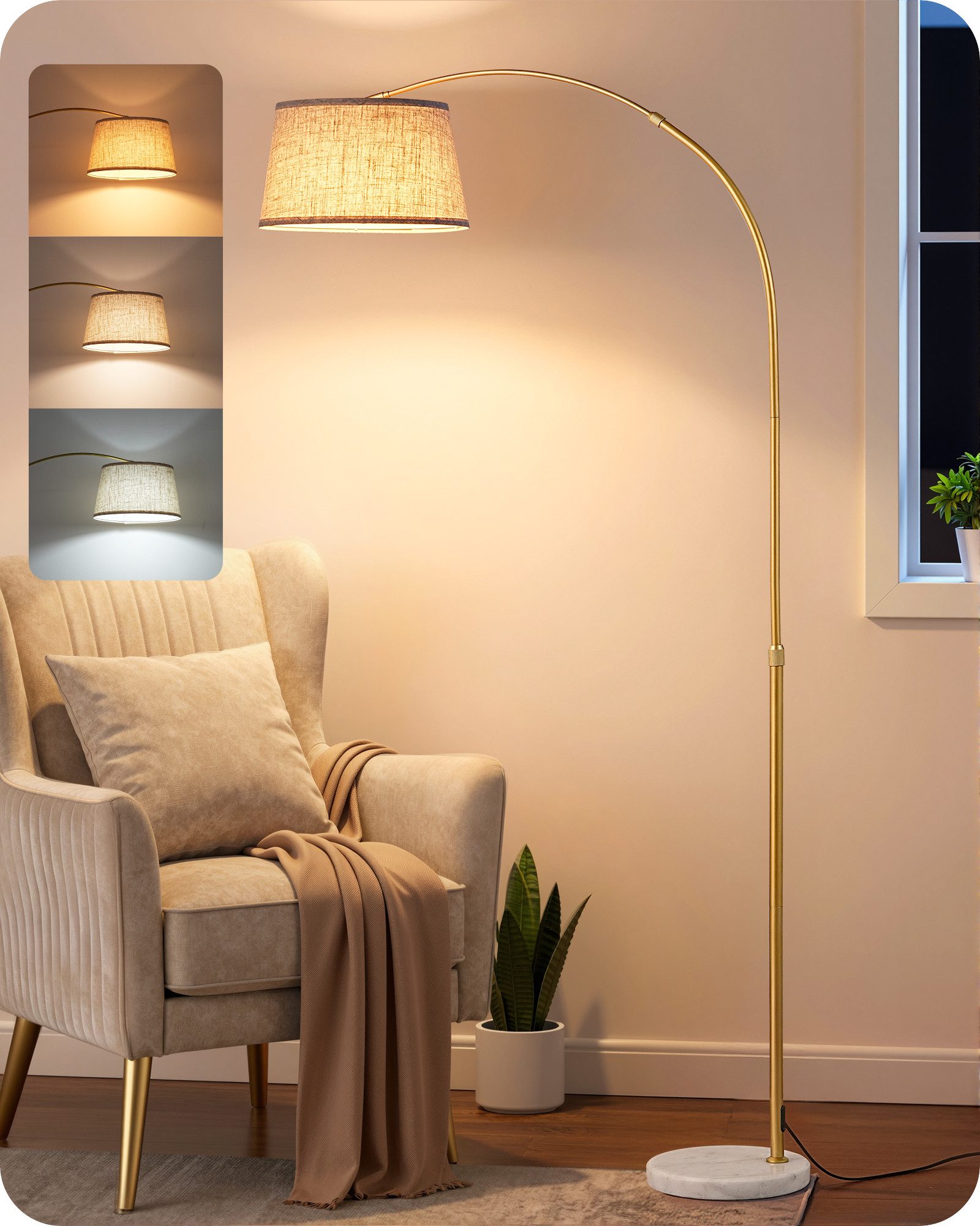 EDISHINE Stehlampe Wohnzimmer dimmbar, Standleuchte Höhenverstellbar, LED wechselbar, kaltweiß bis warmweiß dimmbar, LED Bogenlampe mit Fernbedienung