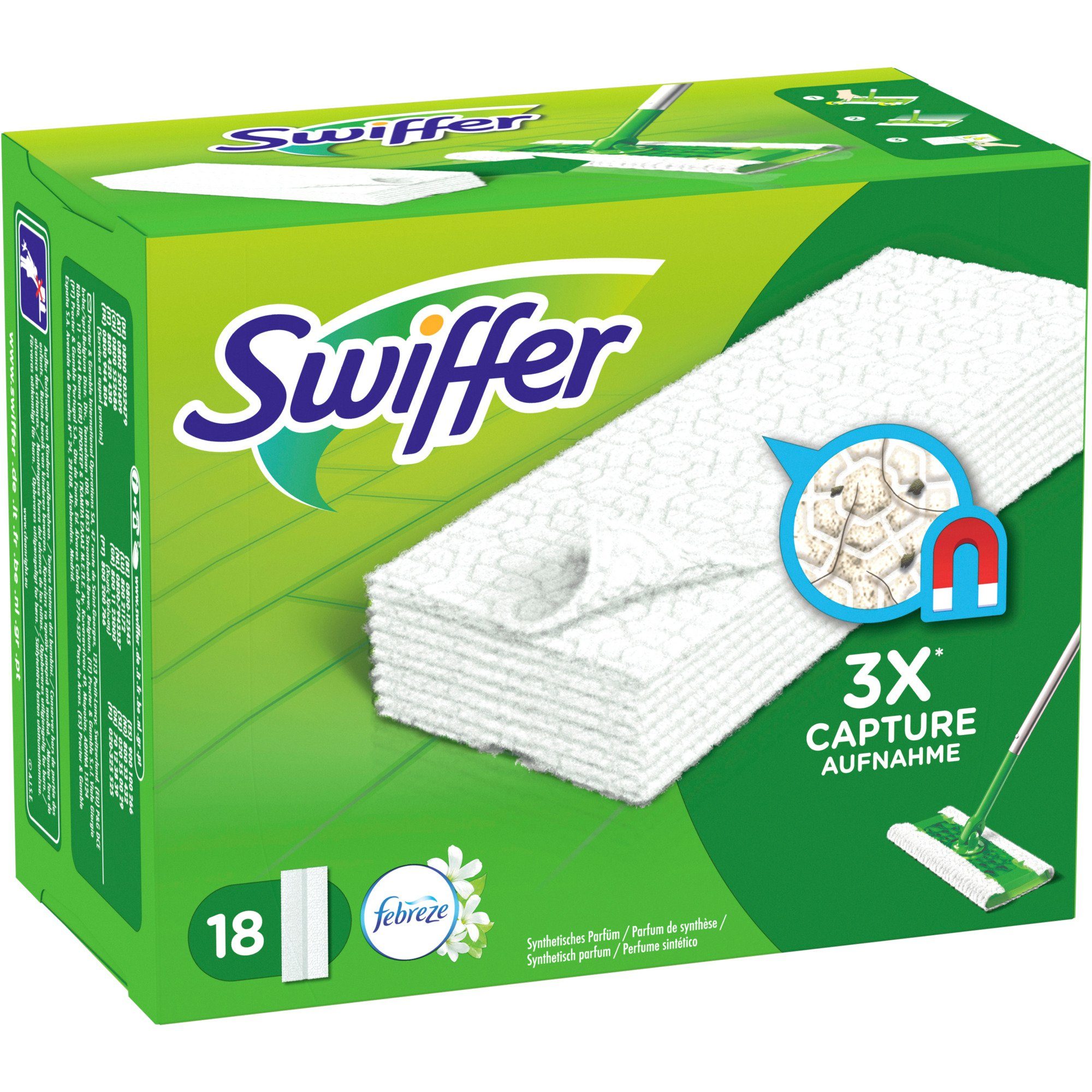 Swiffer Staubwischer Trockene Bodentücher mit Febreze-Duft, Nachfüllpackung, 18 Stück