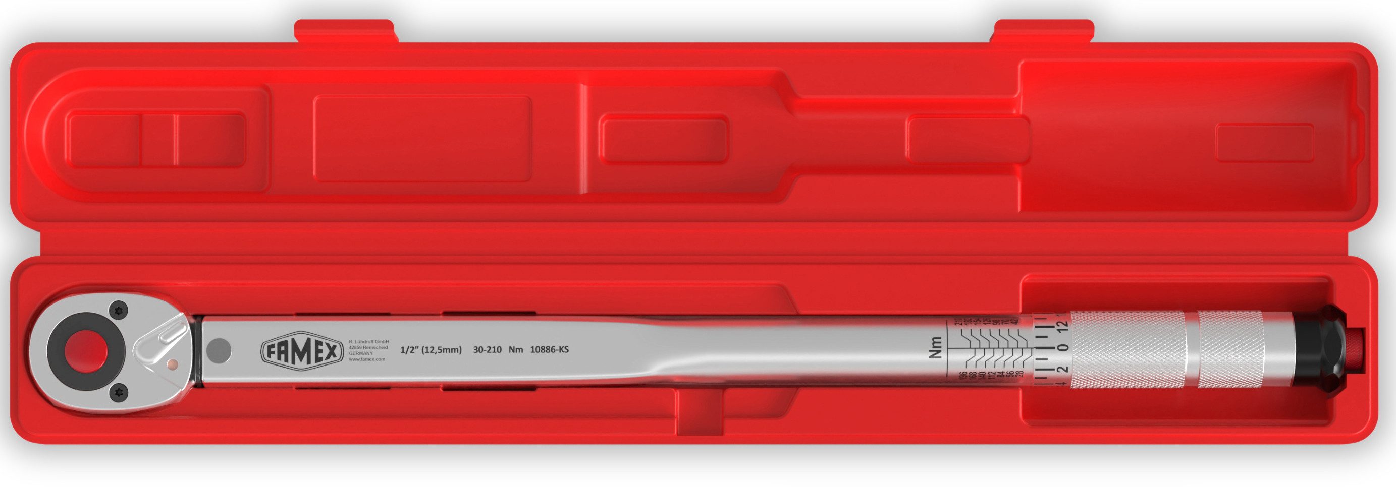 FAMEX Drehmomentschlüssel 10886 Schraubenschlüsel Set 1/2 Zoll (Ratschenschlüssel), 30-210 Nm, mit Kalibrierschein,+/- 3%
