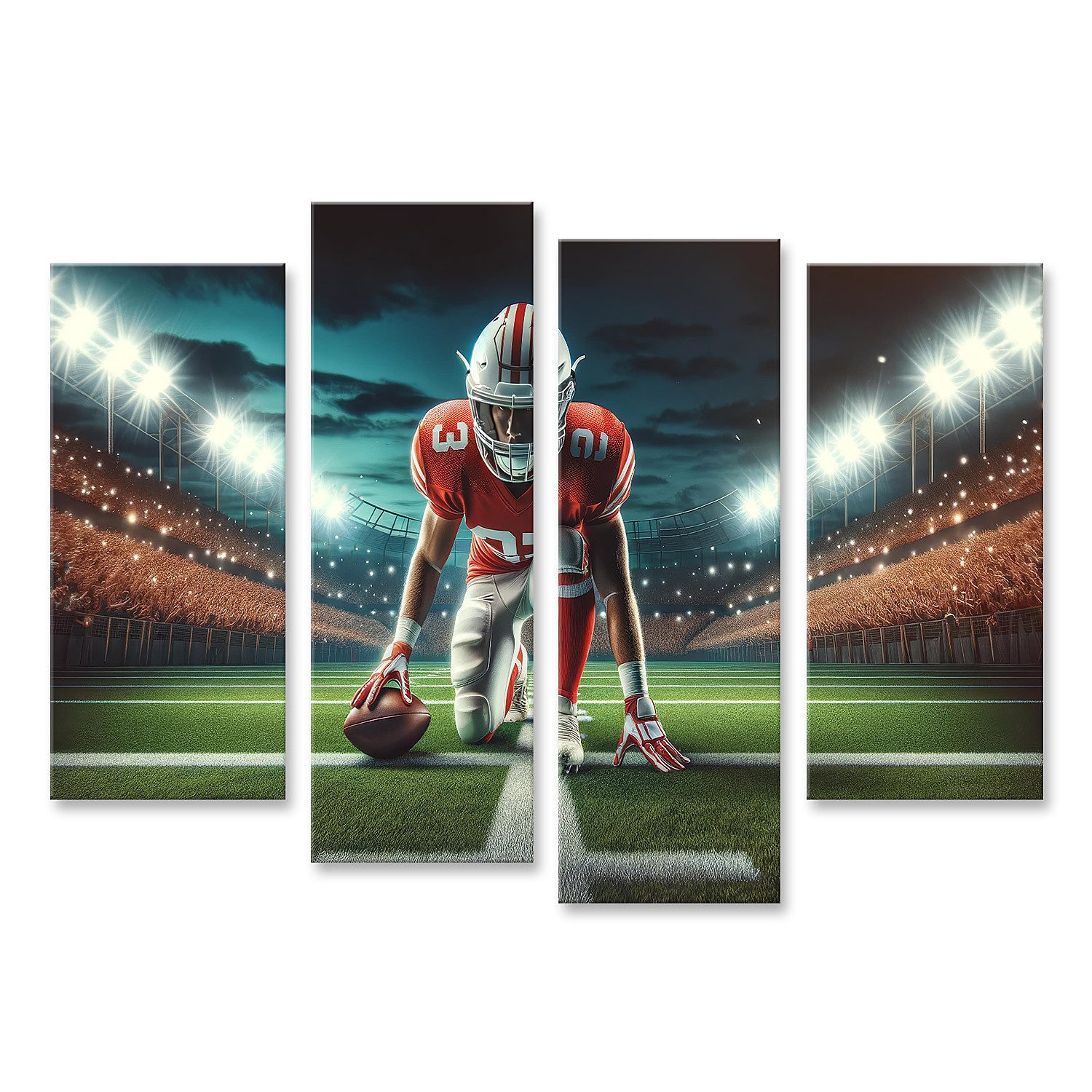 islandburner Leinwandbild American Football Moment vor dem Spielzug im Stadionlicht