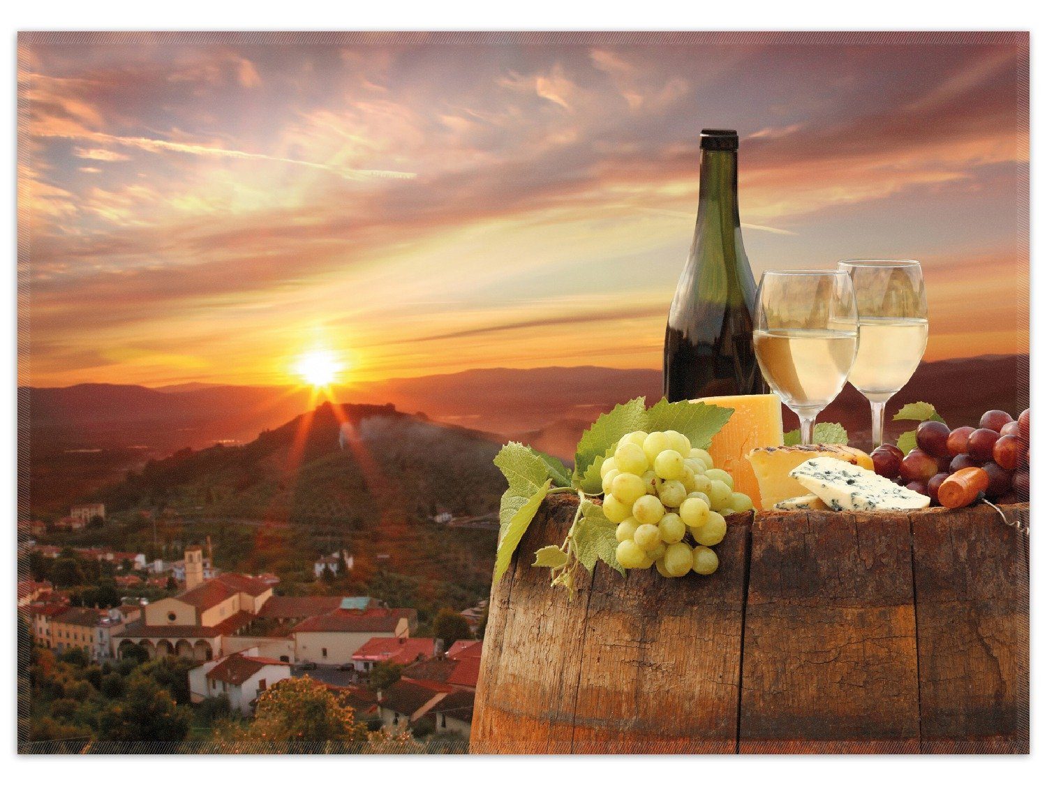 Wallario Teppich Wein Romantik - Weißwein mit Käse auf einem Fass, rechteckig, rutschfest