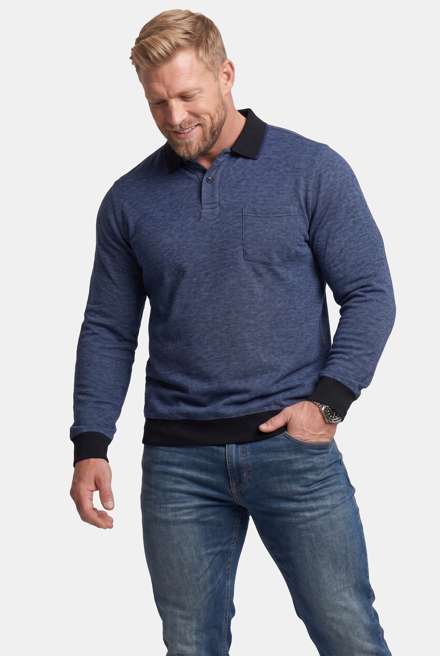 Men Plus Poloshirt Men+ Langarmpoloshirt Bauchfit Piquee Kontraste