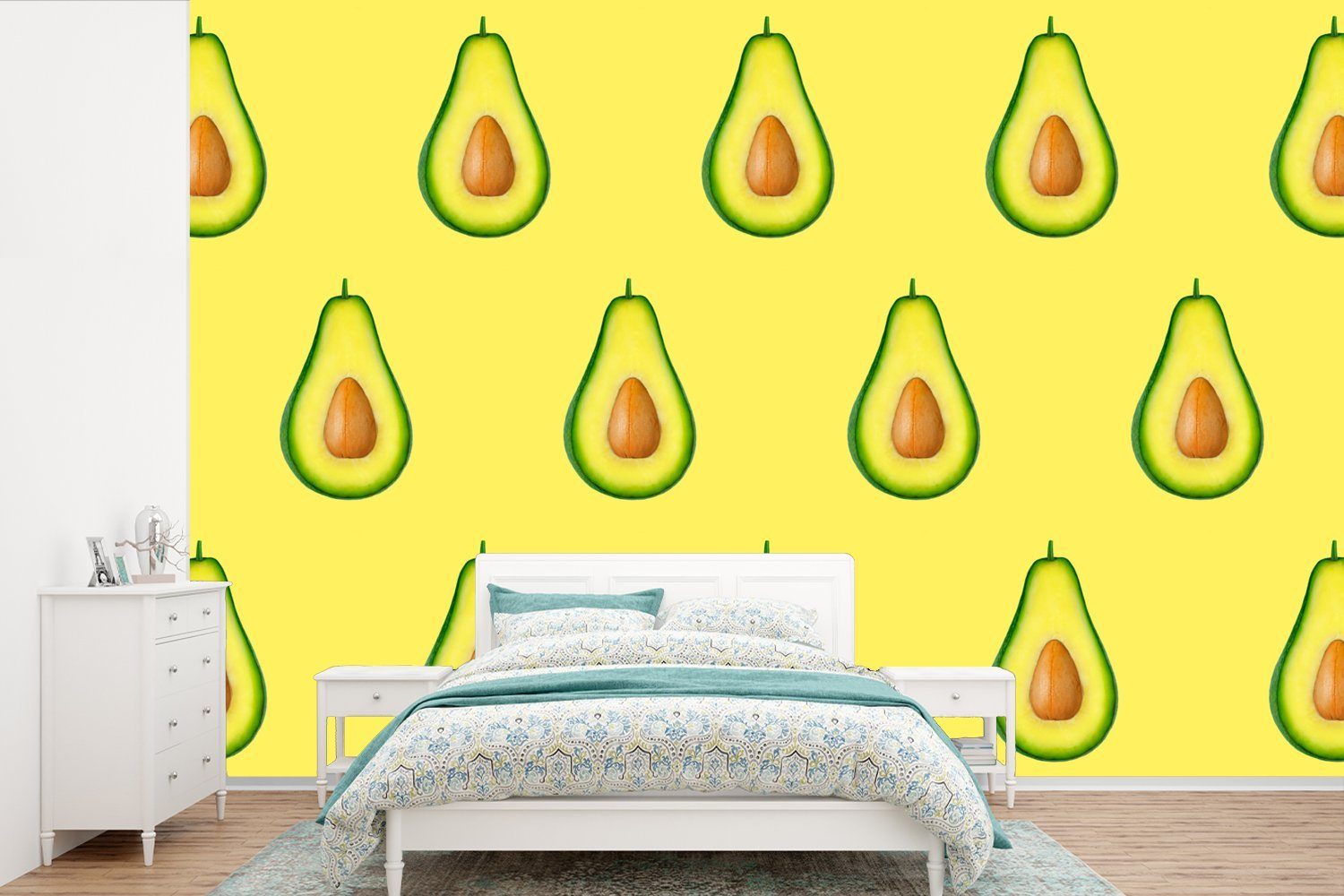 MuchoWow Fototapete Avocado - Muster - Gelb, Matt, bedruckt, (6 St), Wallpaper für Wohnzimmer, Schlafzimmer, Kinderzimmer, Vinyl Tapete