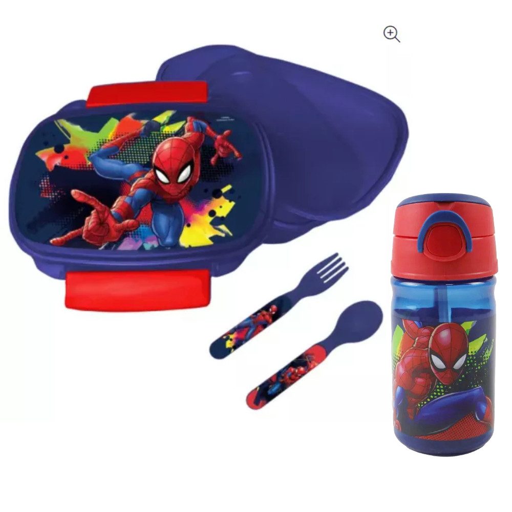 MARVEL Lunchbox Marvel Spiderman 4 tlg Kinder Lunch Set Brotdose Trinkflasche Besteck, Kunststoff, (4-tlg)