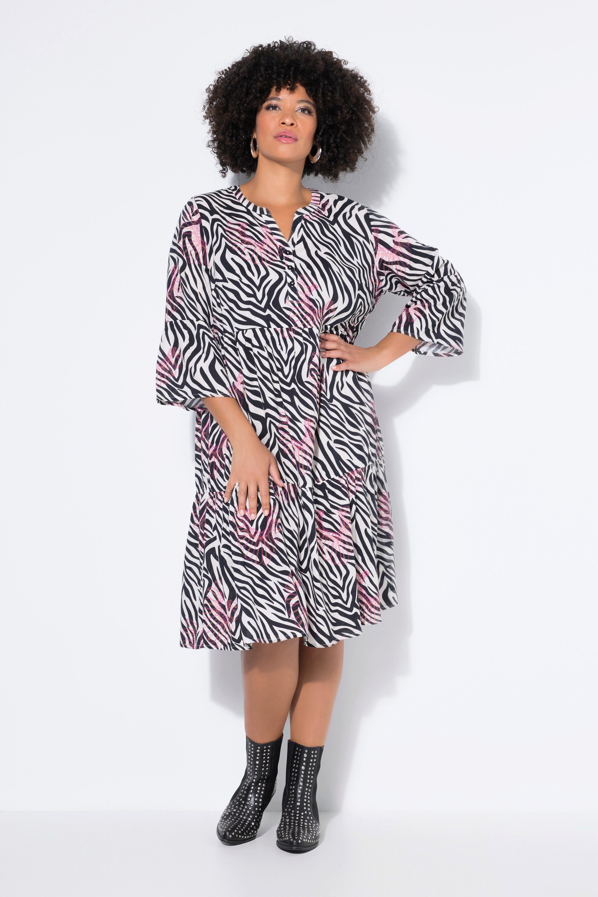 Angel of Style Jerseykleid Kleid Zebramuster mit Neondruck 3/4-Ärmel Volants