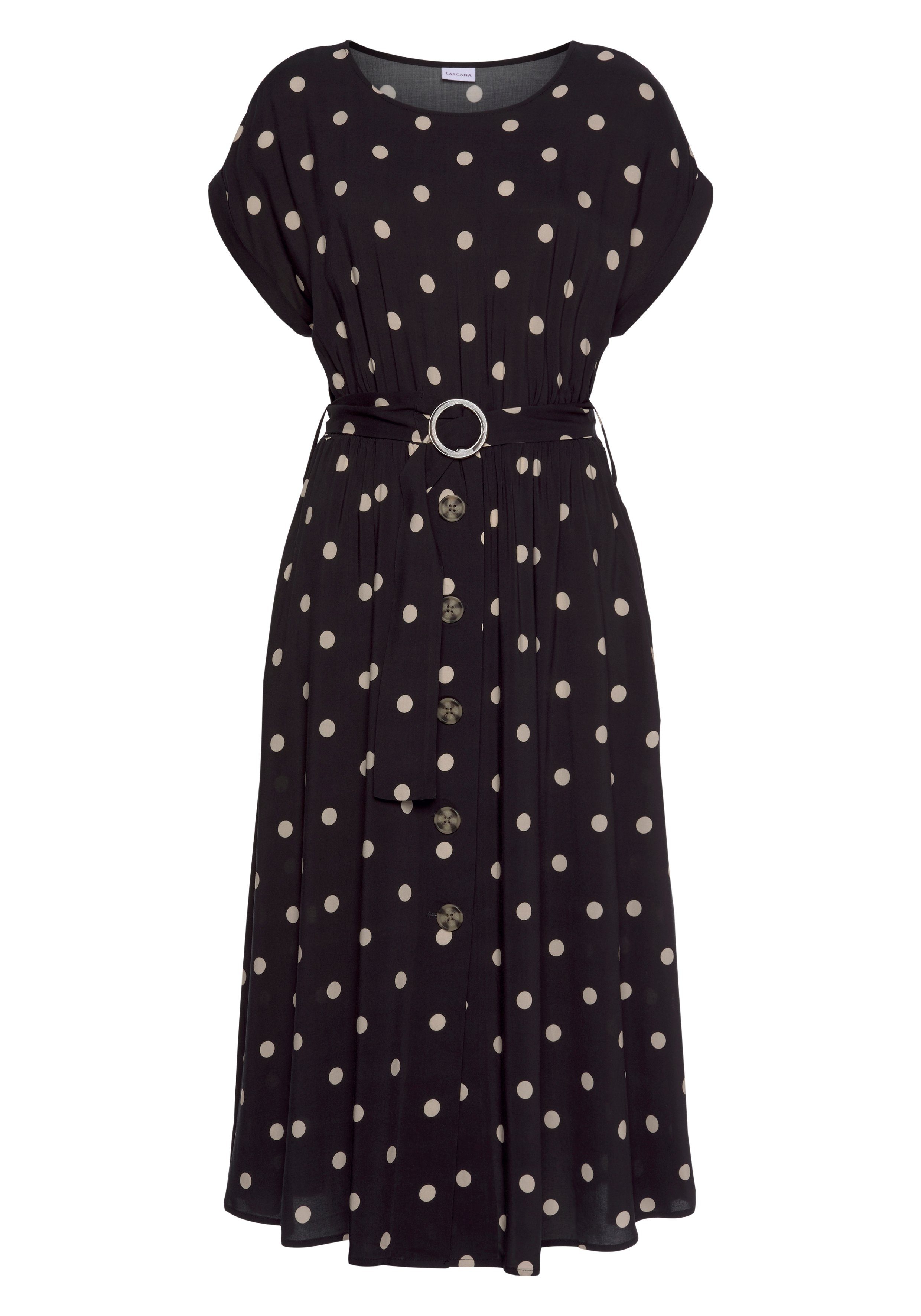 LASCANA Midikleid mit Punktedruck und Taschen, Blusenkleid (mit Gürtel) elegantes Sommerkleid aus Webware, Viskosekleid, Tupfenkleid, feminin – Bild 2 von 5