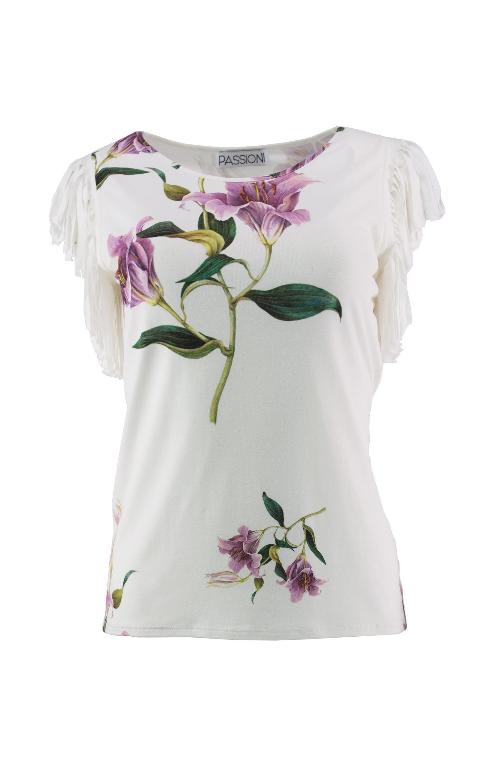 T-Shirt mit Lilien-Print und Fransen