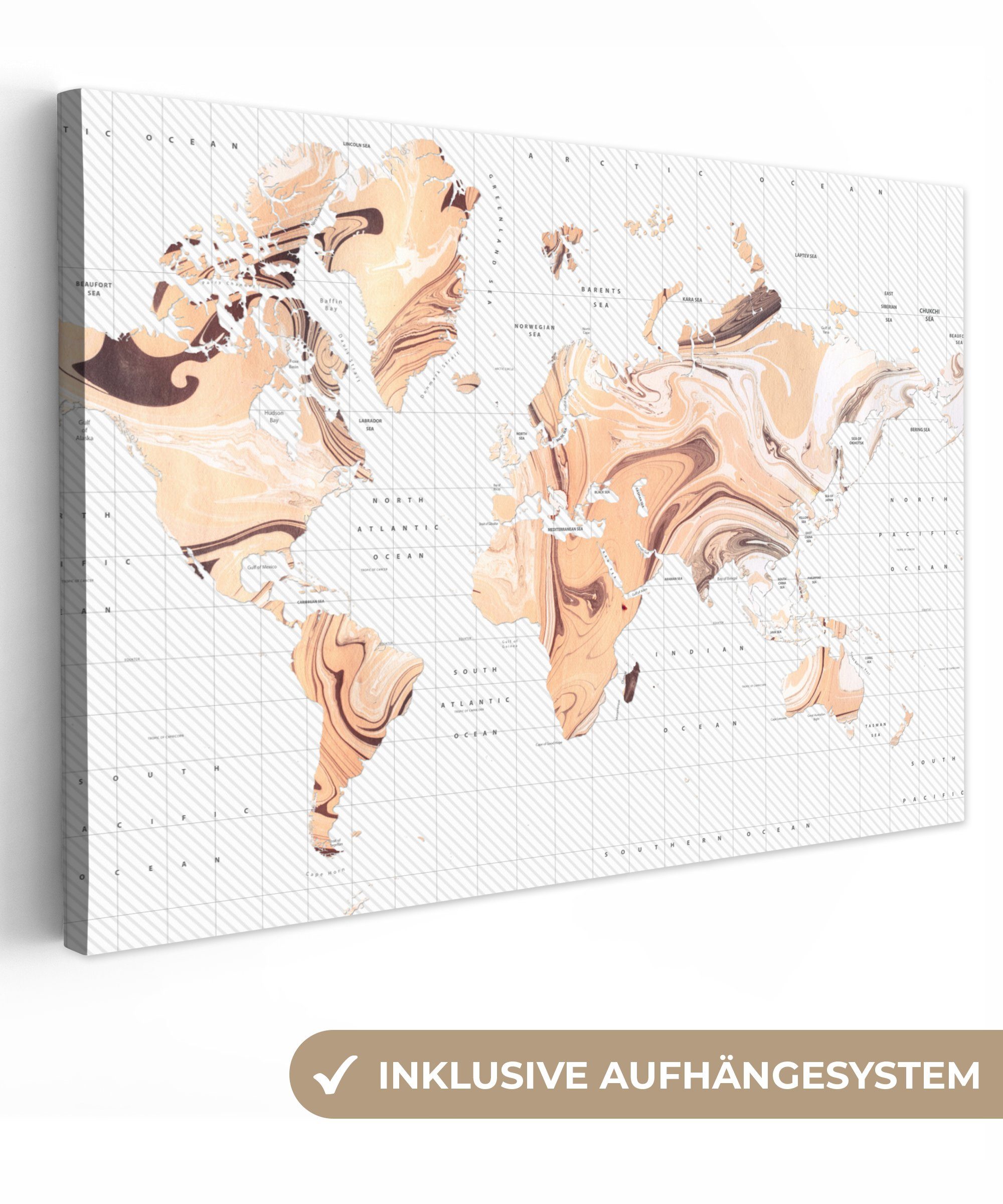 OneMillionCanvasses® Leinwandbild Weltkarte - Farbe - Braun, (1 St), Wandbild Leinwandbilder, Aufhängefertig, Wanddeko, 30x20 cm