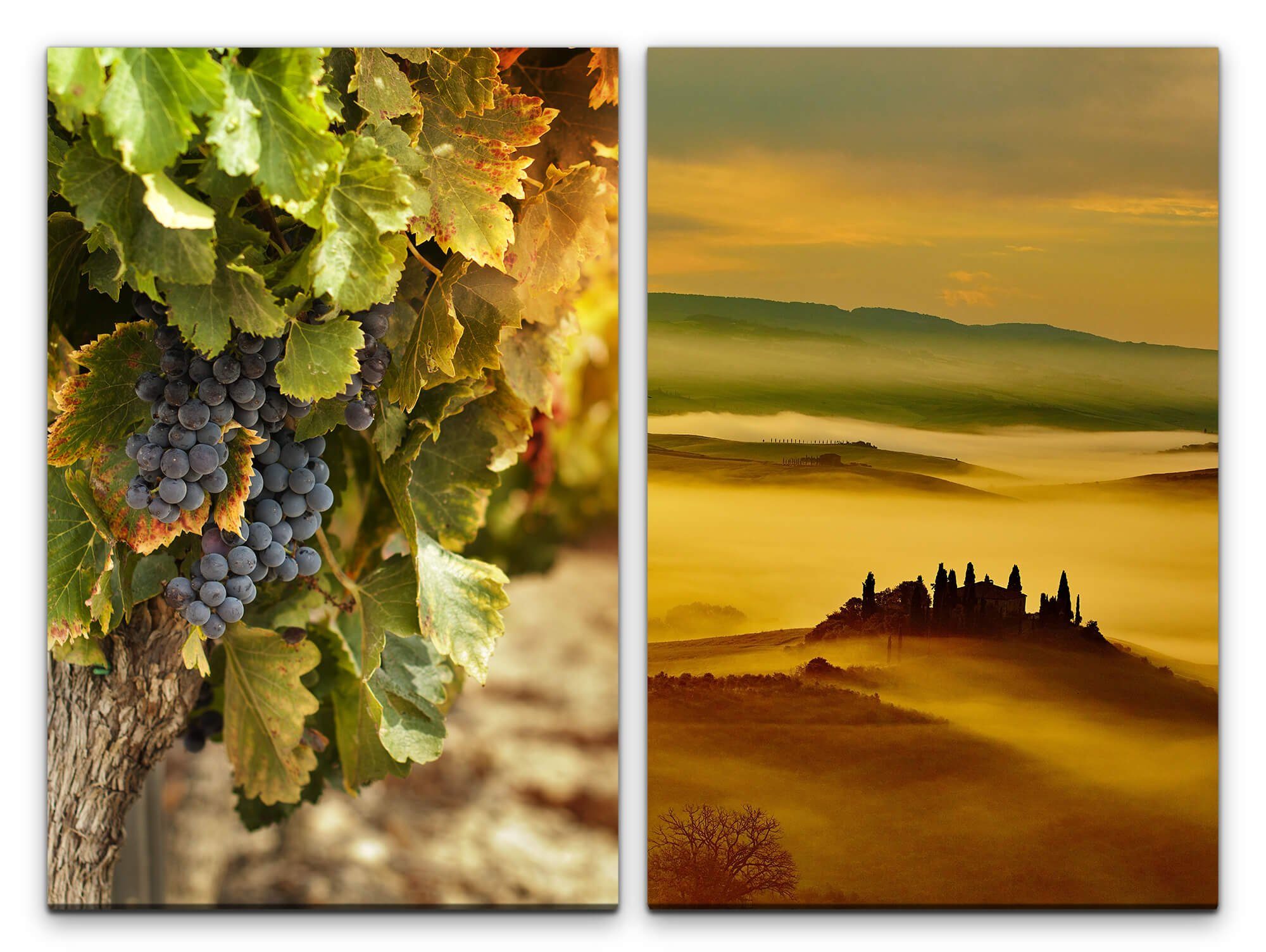 Sinus Art Leinwandbild 2 Зображення je 60x90cm Toskana Italien Weintrauben Weinreben Mediterran Hügel Morgentau