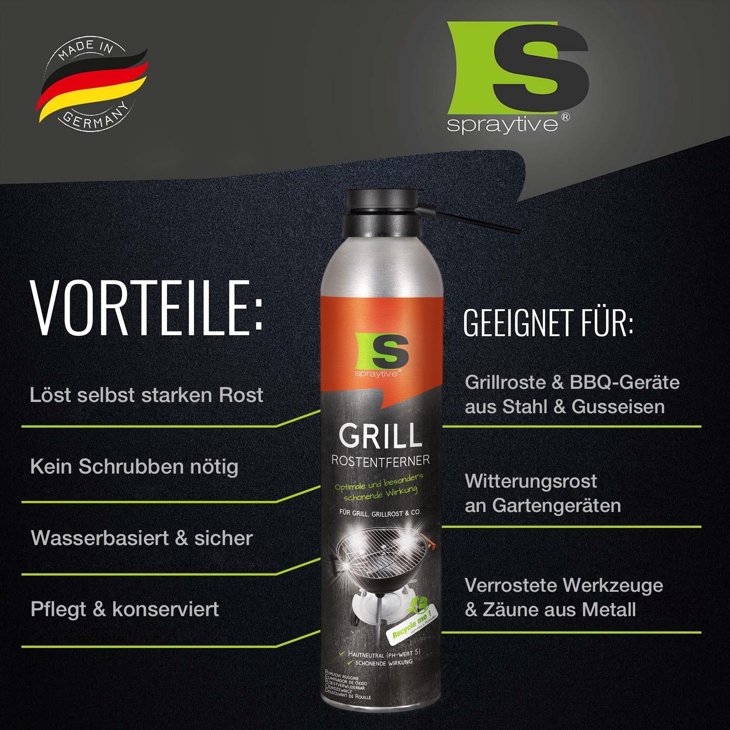 Spraytive 1x 300ml Grill-Rostentferner – 2in1 Rostlöser für Grillrost & BBQ Sprühreiniger (Made in Germany)