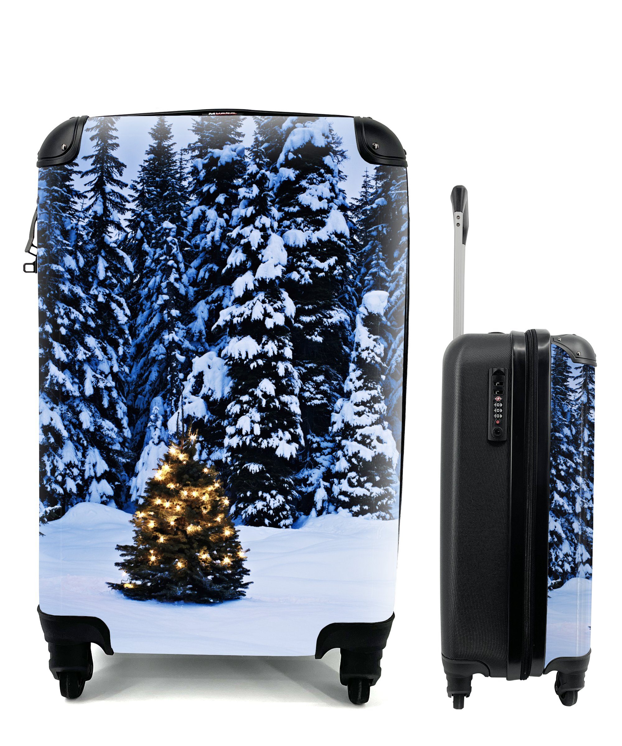 MuchoWow Handgepäckkoffer Eine winterliche Umgebung mit einem Tannenbaum, 4 Rollen, Reisetasche mit rollen, Handgepäck für Ferien, Trolley, Reisekoffer