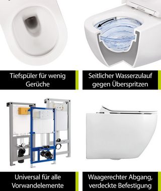 aquaSu Tiefspül-WC, Wandhängend, Abgang Waagerecht, Wand WC, spülrandlos, WC-Sitz mit Absenkautomatik, Duroplast, 049979