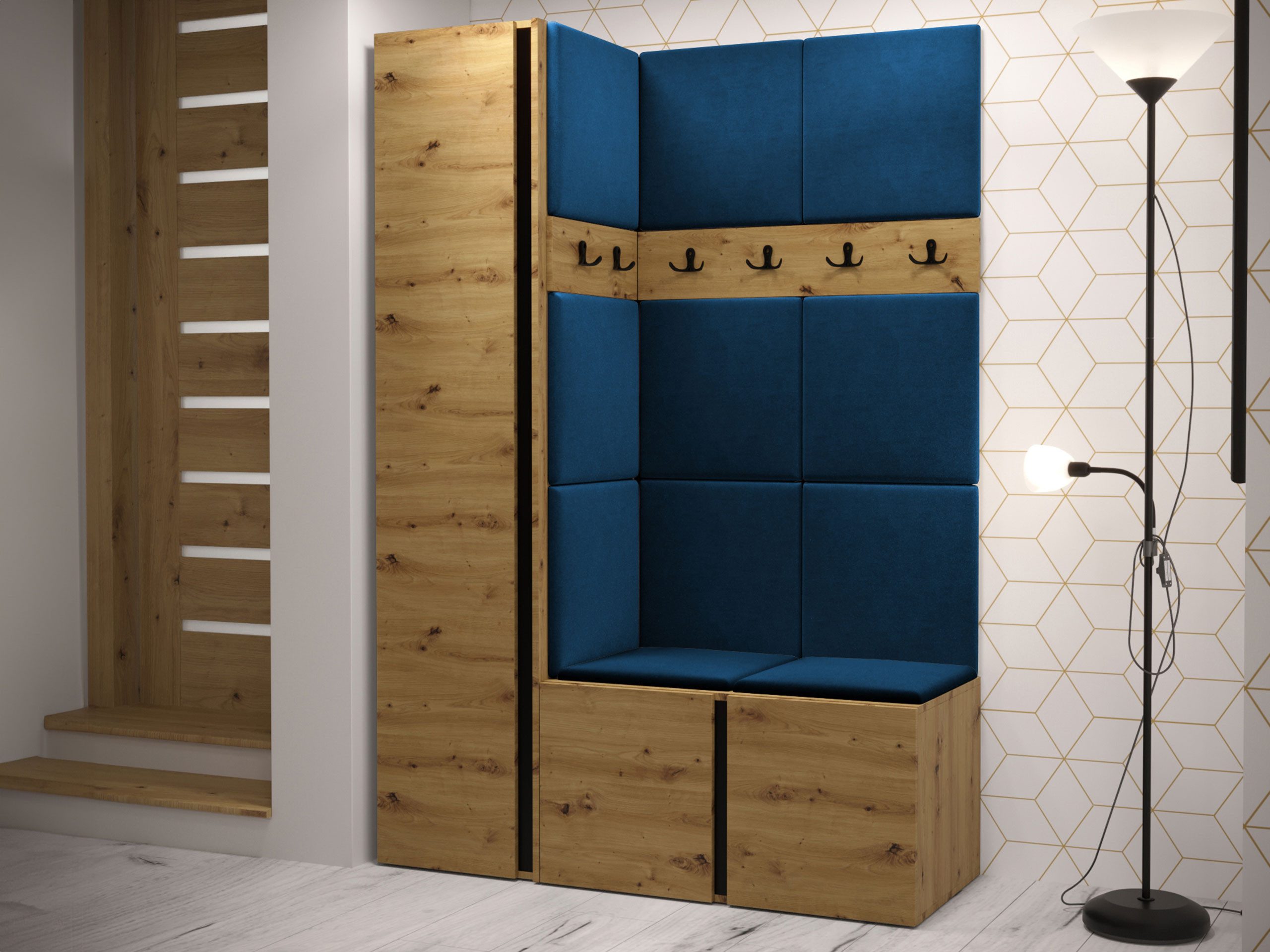 MIRJAN24 Garderoben-Set Orion IX, (Komplett-Set, mit Schuhschrank, Schrank, 2x Kleiderhakenbrett, Paneel 11x 42x42), Auswahl aus Fronten und Polsterplatten