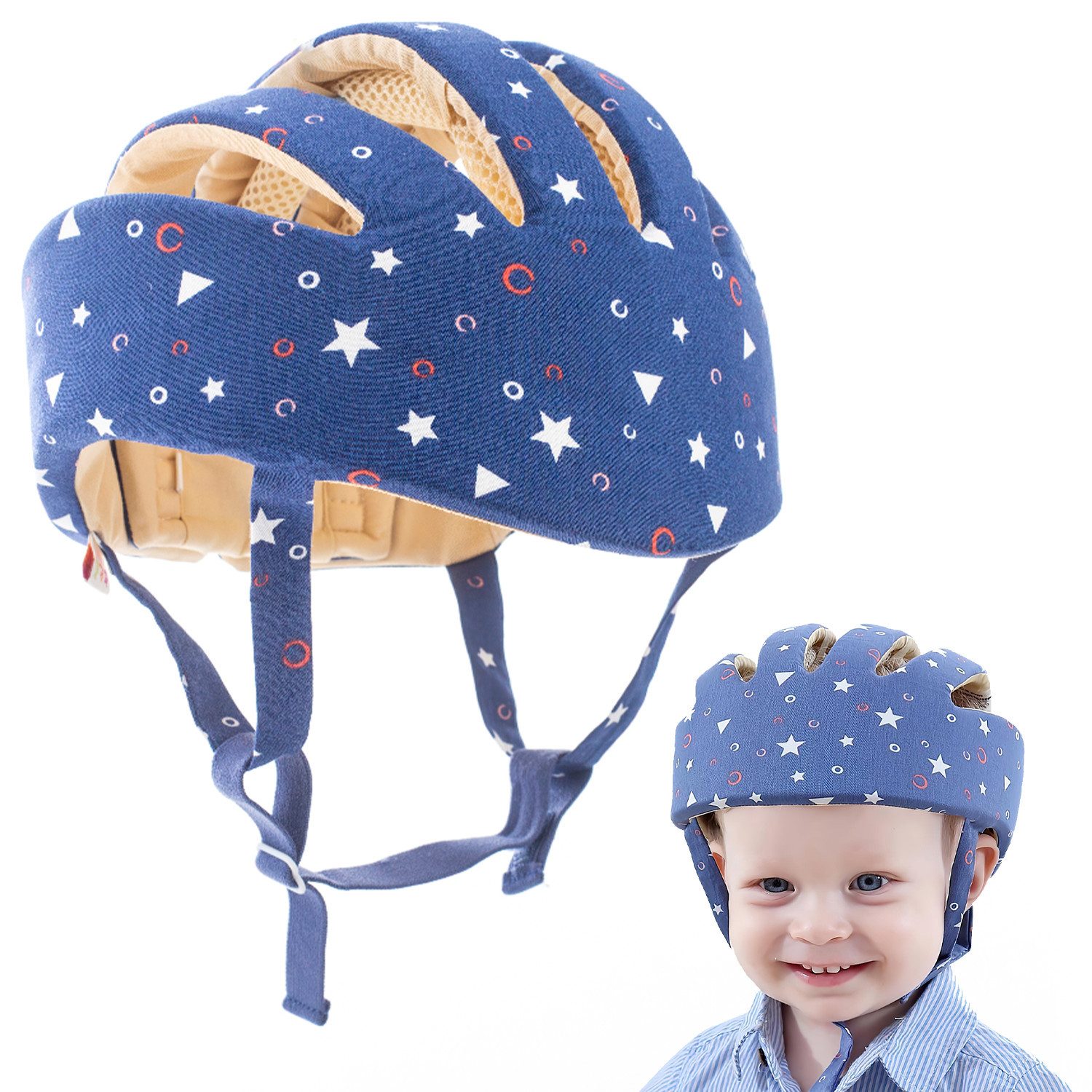 HEYHIPPO Erstlingsmütze Baby Schutzhelm aus Baumwolle – Antikollisionshelm für Kleinkinder (Geeignet für Säuglinge und Kleinkinder im Alter von 8 bis 60 Monaten, die krabbeln und laufen lernen, 360°-Schutz, Krabbelkappe, kann zu jeder Jahreszeit getragen werden) Verstellbarer Baby-Anti-Fall-Helm,atmungsaktive und leichte Sternmütze