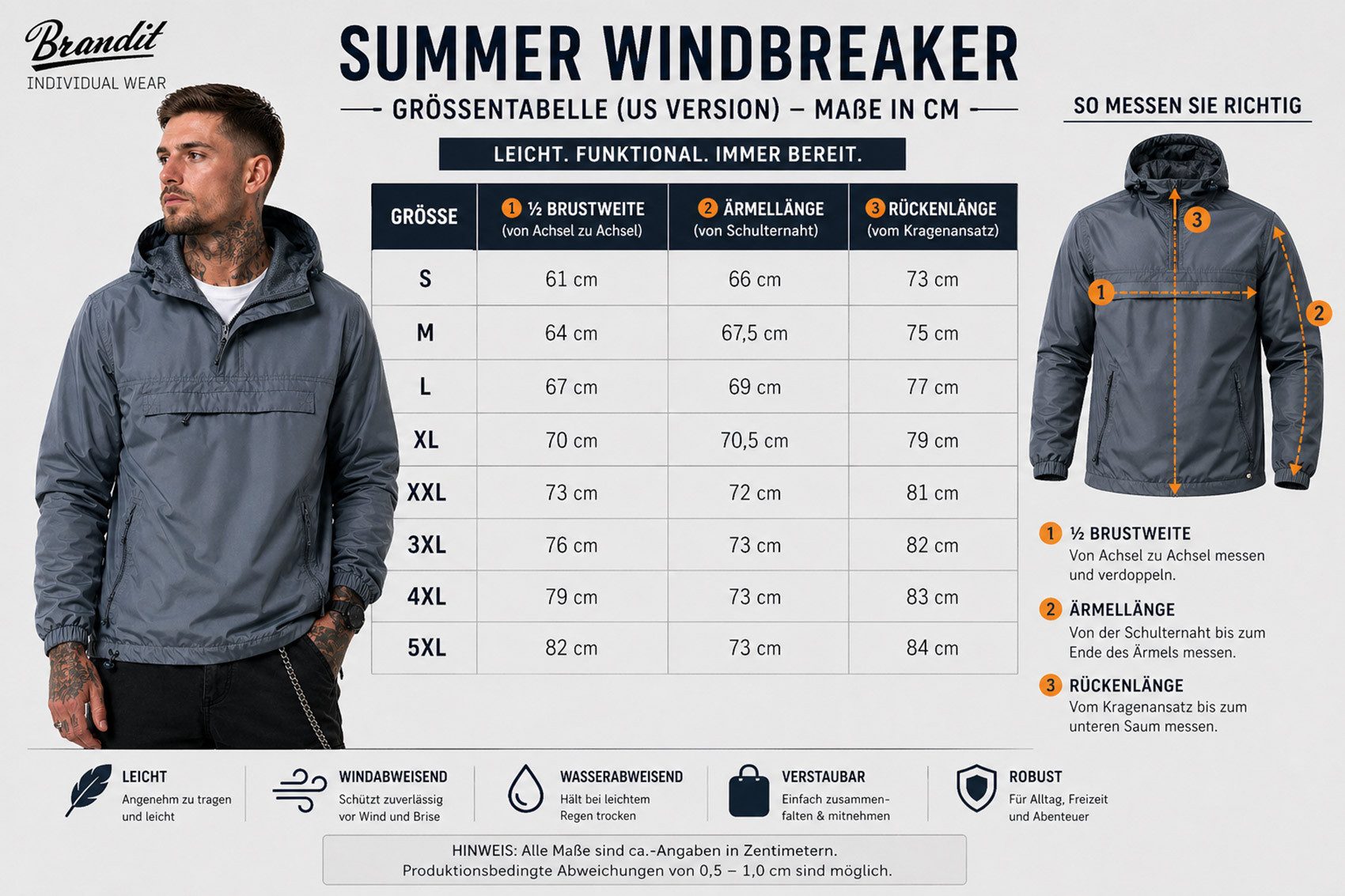 Brandit Allwetterjacke Herren Sommer Windbreaker Jacke US Version Perfekte Passform Hochwertige Verarbeitung,Wasserabweisend