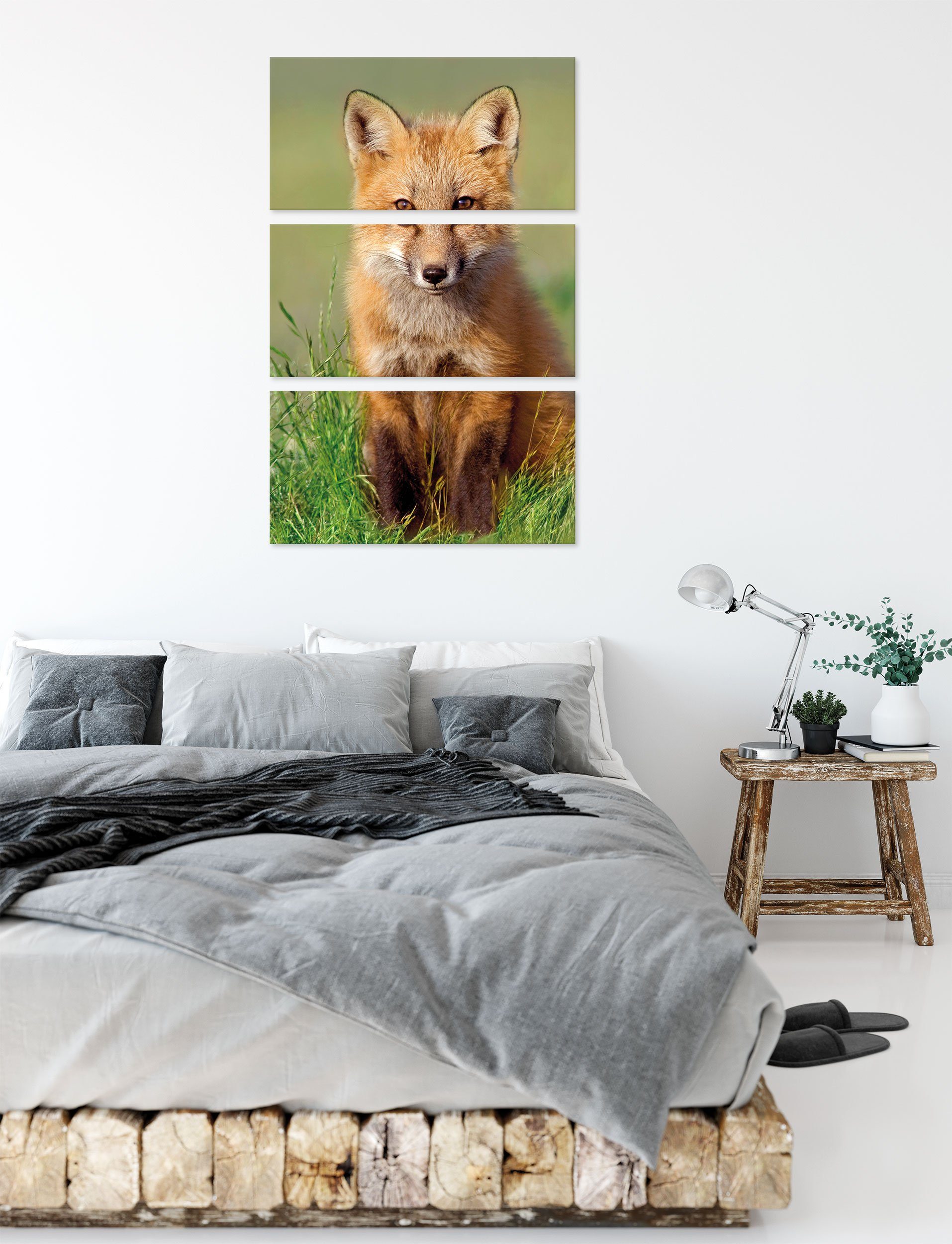 Pixxprint Leinwandbild Kleiner Fuchs bespannt, auf auf Leinwandbild 3Teiler inkl. (120x80cm) Wiese (1 fertig St), Zackenaufhänger Wiese, Fuchs Kleiner