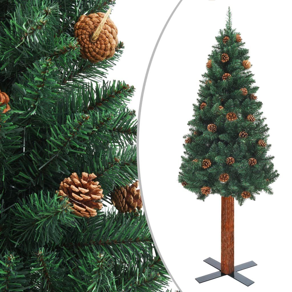 vidaXL Künstlicher Weihnachtsbaum Weihnachtsbaum Schlank mit Echtholz und Zapfen Grün 150 cm PVC