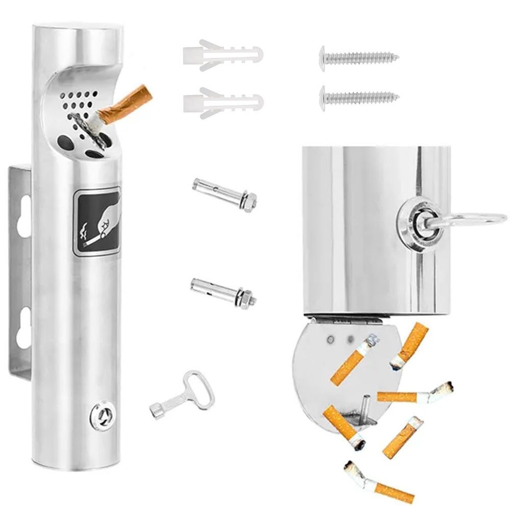 QUBEBU Aschenbecher Wetterfest Tubular Öffentliche Aschenbecher für Terrasse, Restaurant, Runde Aschenbecher Wandmontage für Draußen Abschließbarer