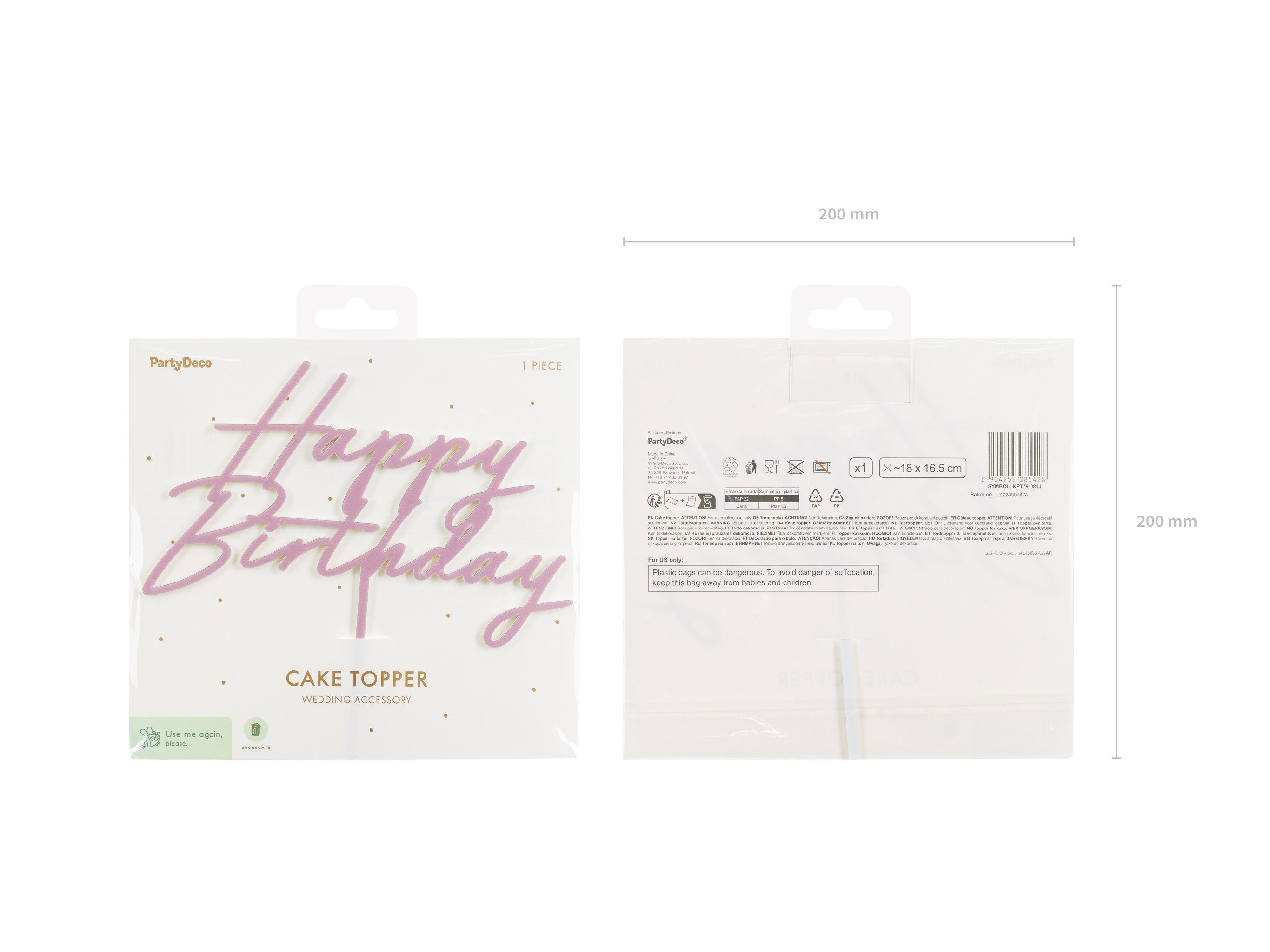 partydeco Tortenstecker, Cake Topper Happy Birthday 18x16cm Hellrosa