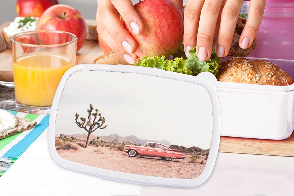 MuchoWow Lunchbox Auto - Wüste weiß und und Jungs - (2-tlg), Kinder Brotdose, Berge Erwachsene, Mädchen für Kunststoff, Sand, Baum für Brotbox - 