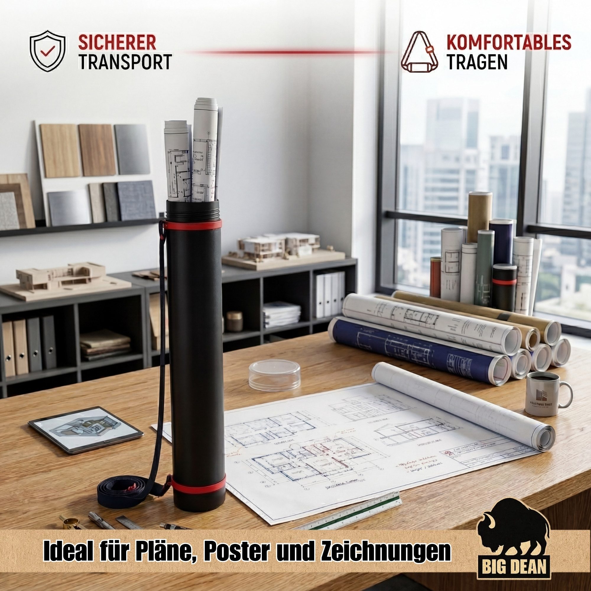 BigDean Köchertasche Posterrolle A0 bis A3 Schwarz 60-100cm verstellbarer Zeichenköcher (Set, 1-tlg), Komfortabler Tragegurt, Extrem leicht, Made In Germany – Bild 2 von 5