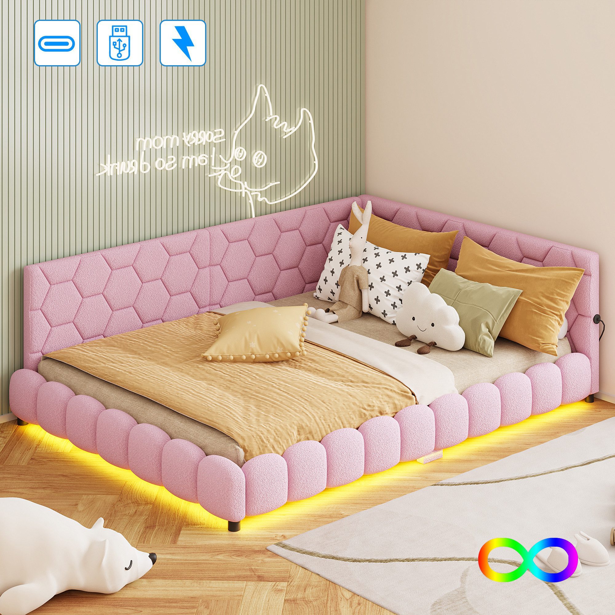 Gdood Polsterbett Doppelbett Daybett Tagesbett LED (1 tlg. Mit USB & TYPE-C, Hydraulisch hebbarer Stauraum, Geeignet für Jungen und Mädchen), Mit LED-Beleuchtung, Ladefunktion, Schafsfell, 140x200 cm