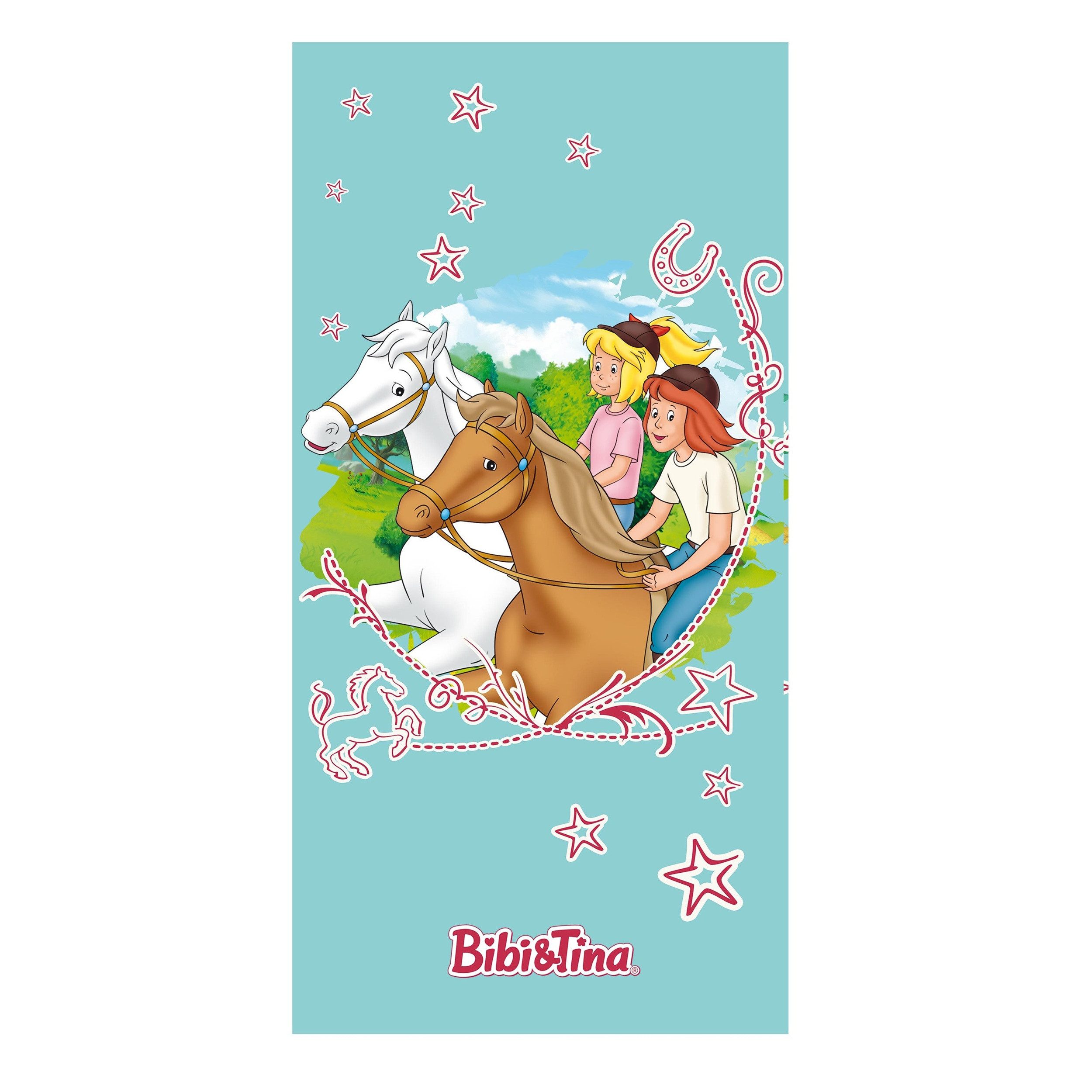 Familando Strandtücher Bibi und Tina mit Pferden türkis Badetuch XL 75x150 cm, 100% Baumwolle, Frottee, mit Amadeus und Sabrina