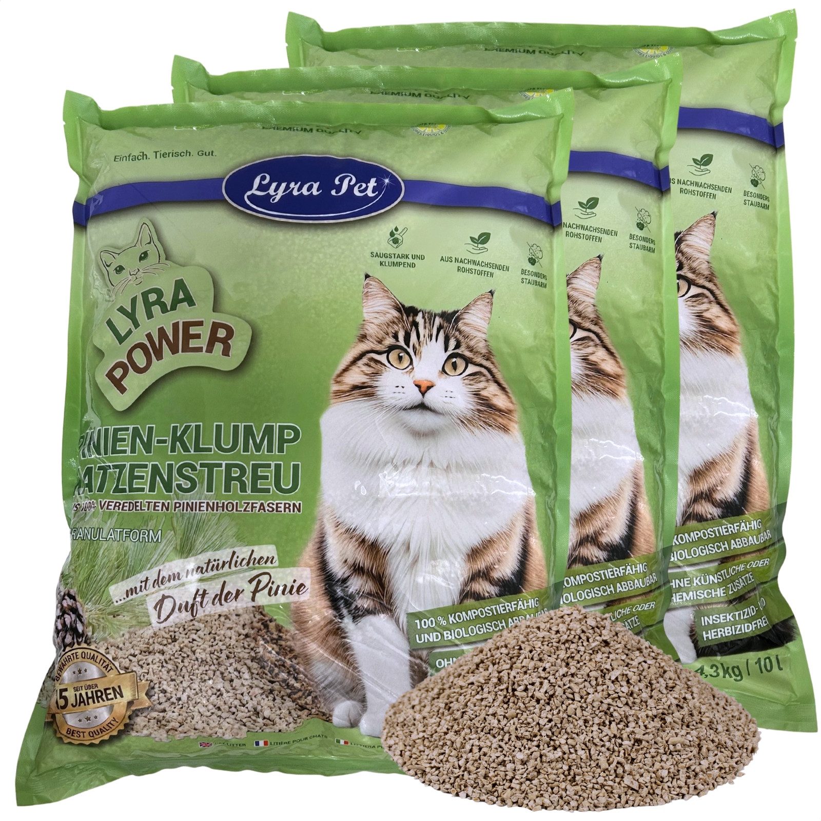 Lyra Pet Katzenstreu 3 x 10 Liter Lyra Pet® Lyra Power Pinien Katzenstreu klumpend, klumpend, staubarm