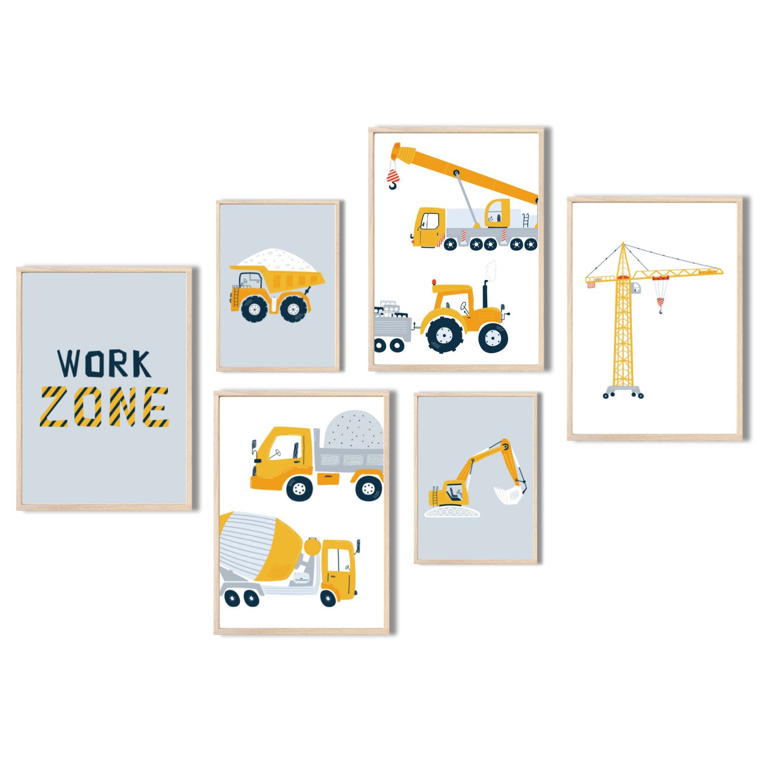 MeinBaby123® Poster Bagger, Bilder Kinderzimmer Deko, Baufahrzeuge, Kran, Baustelle, Babyzimmer, Wandbilder