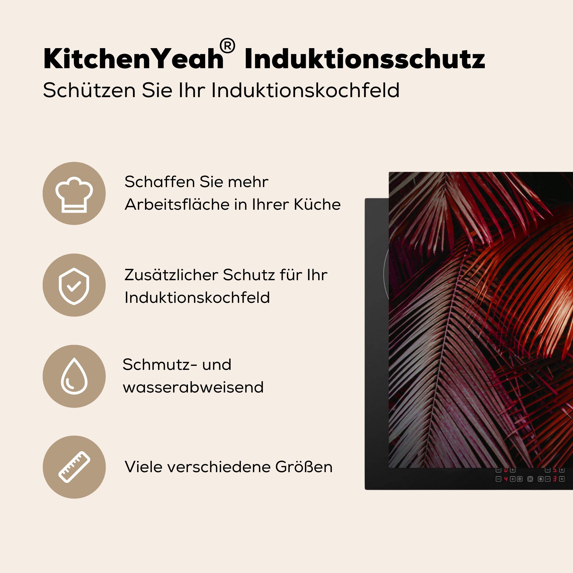 MuchoWow Herdblende-/Abdeckplatte Vinyl, Rot, Induktionskochfeld Palmenblatt für küche, Ceranfeldabdeckung Dschungel - cm, - 81x52 Schutz (1 die tlg),