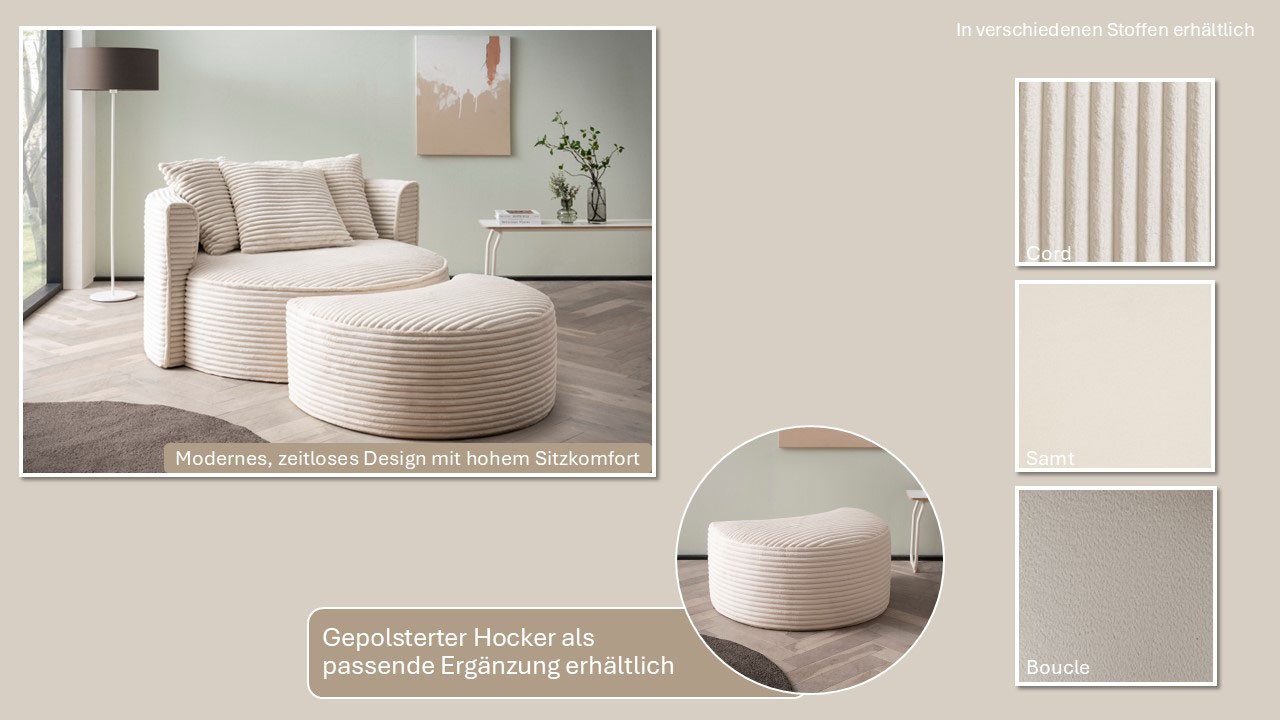 LeGer Home by Lena Gercke XXL-Sessel ISALIE, Rundsessel mit Hocker, Lesesessel, Loveseat, Big-Sessel (Set), trendige Stoffe, 3 Zierkissen, große Sitzfläche, Cord, Samt, Bouclé