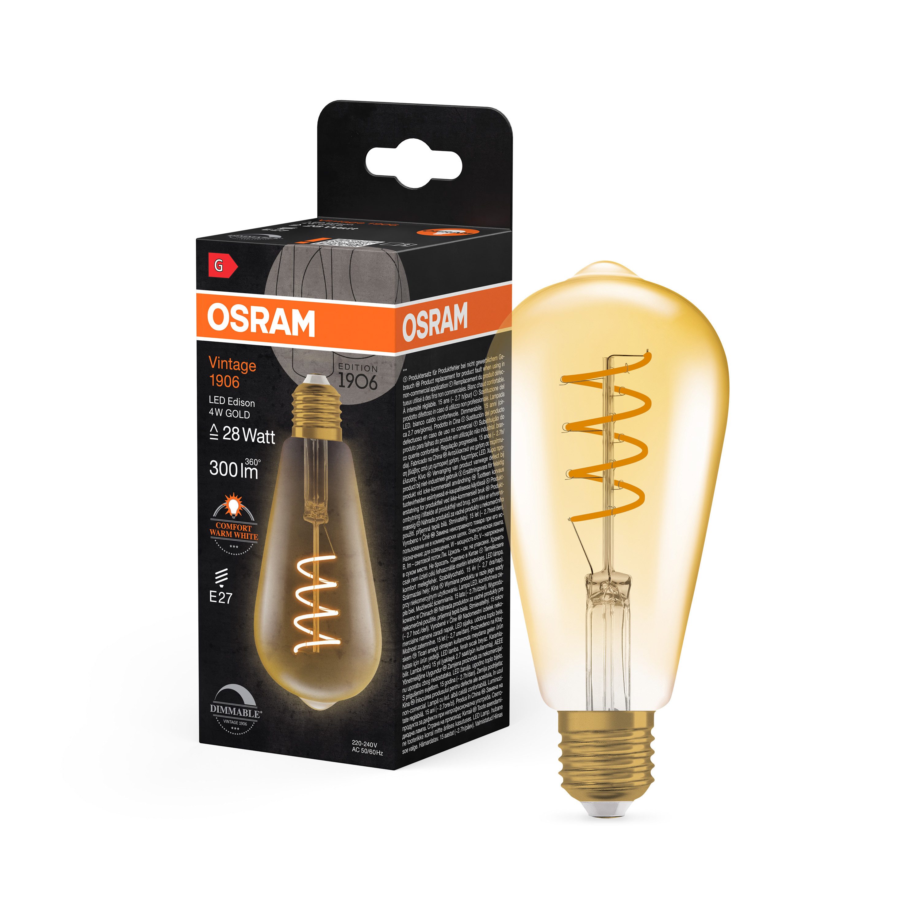 Ledvance LED-Leuchtmittel Vintage 1906 Edison 28 Filament DIM 4W 820 Gold E27, E27, 1 St., Komfort warmes Weiß, Standard-E27-Sockel für den einfachen Austausch