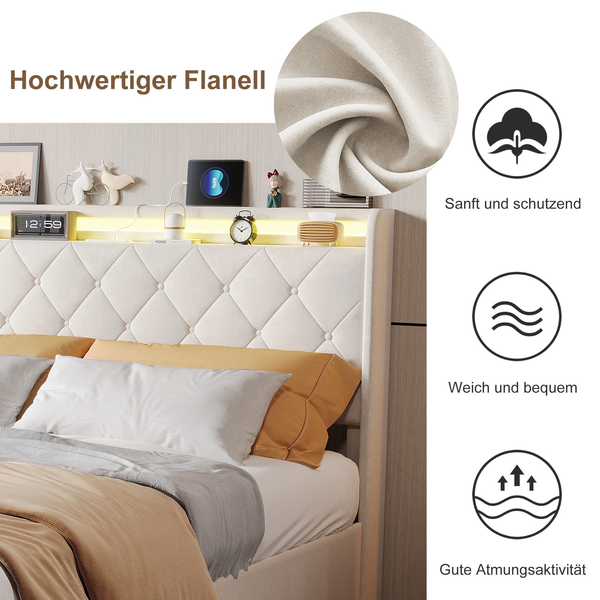 ADWOLT Stauraumbett Polsterbett mit Lattenrost und LED-Beleuchtung, Jugendbett 140x200cm mit USB&Type-C,Doppelbett mit 4 Schubladen,Beige – Bild 5 von 5