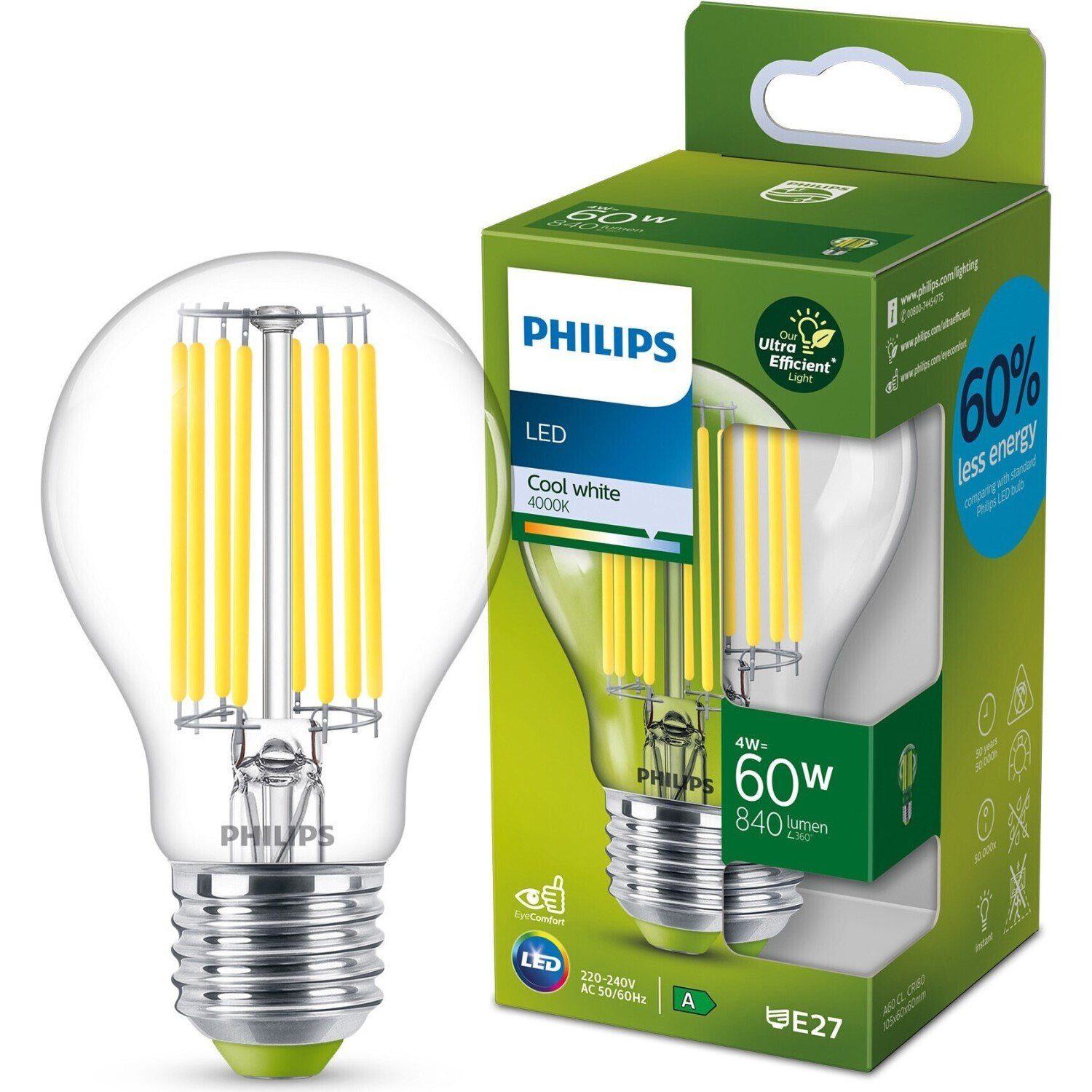 Philips LED-Leuchtmittel Philips LED E27 A60 Filament Klar 4W=60W ULTRA EFFIZIENT Neutral 4000K, E27, Neutralweiß