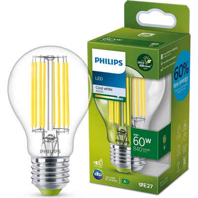 Philips LED-Leuchtmittel Philips LED E27 A60 Filament Klar 4W=60W ULTRA EFFIZIENT Neutral 4000K, E27, Neutralweiß