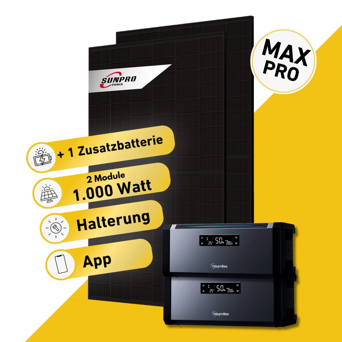 Balkonstrom Balkonkraftwerk MAX Pro 1000 Watt Solaranlage mit Speicher Komplettset Bifazial, 1000 W, Monokristallin, (2x Sunpro Solarmodul á 500 Watt, 1x Hoymiles HiBattery 1920 AC, 1-5 Zusatzspeicher Hoymiles HiBattery), Halterung für Dach, Fassade, Balkon & Garten, App & Plug&Play DE