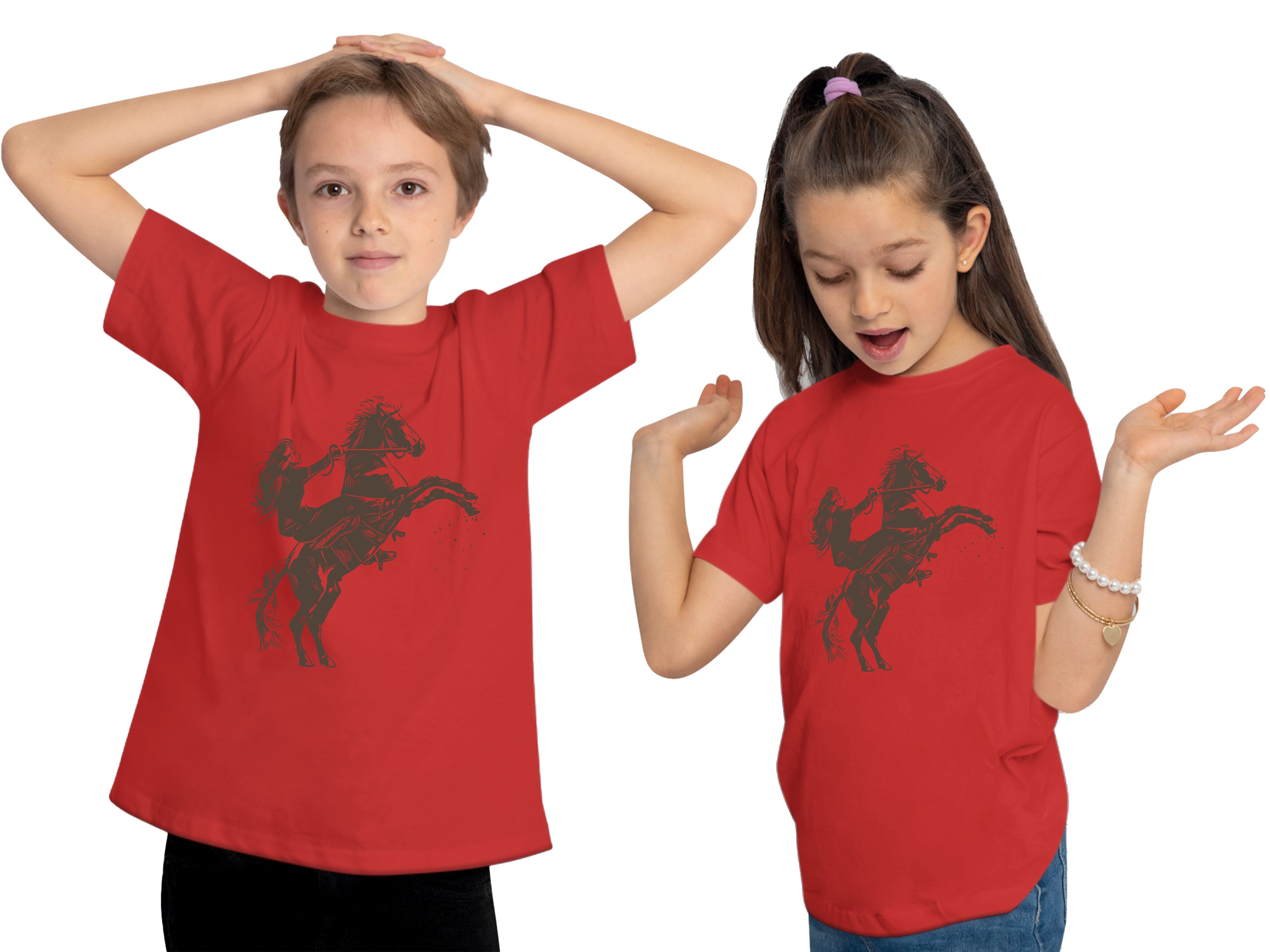 Pferd - Reiter Shirt Aufsteigendes Pferde MyDesign24 rot mit Baumwollshirt T-Shirt mit Kinder Print bedruckt i252 Aufdruck,